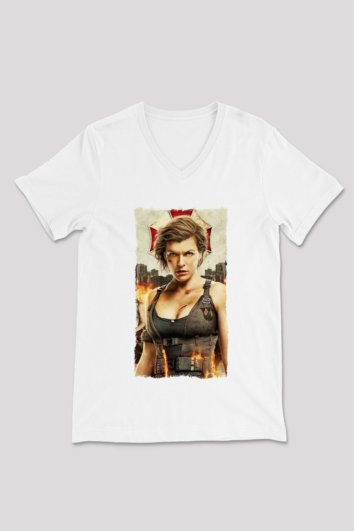 Resident Evil Beyaz Unisex V Yaka Tişört