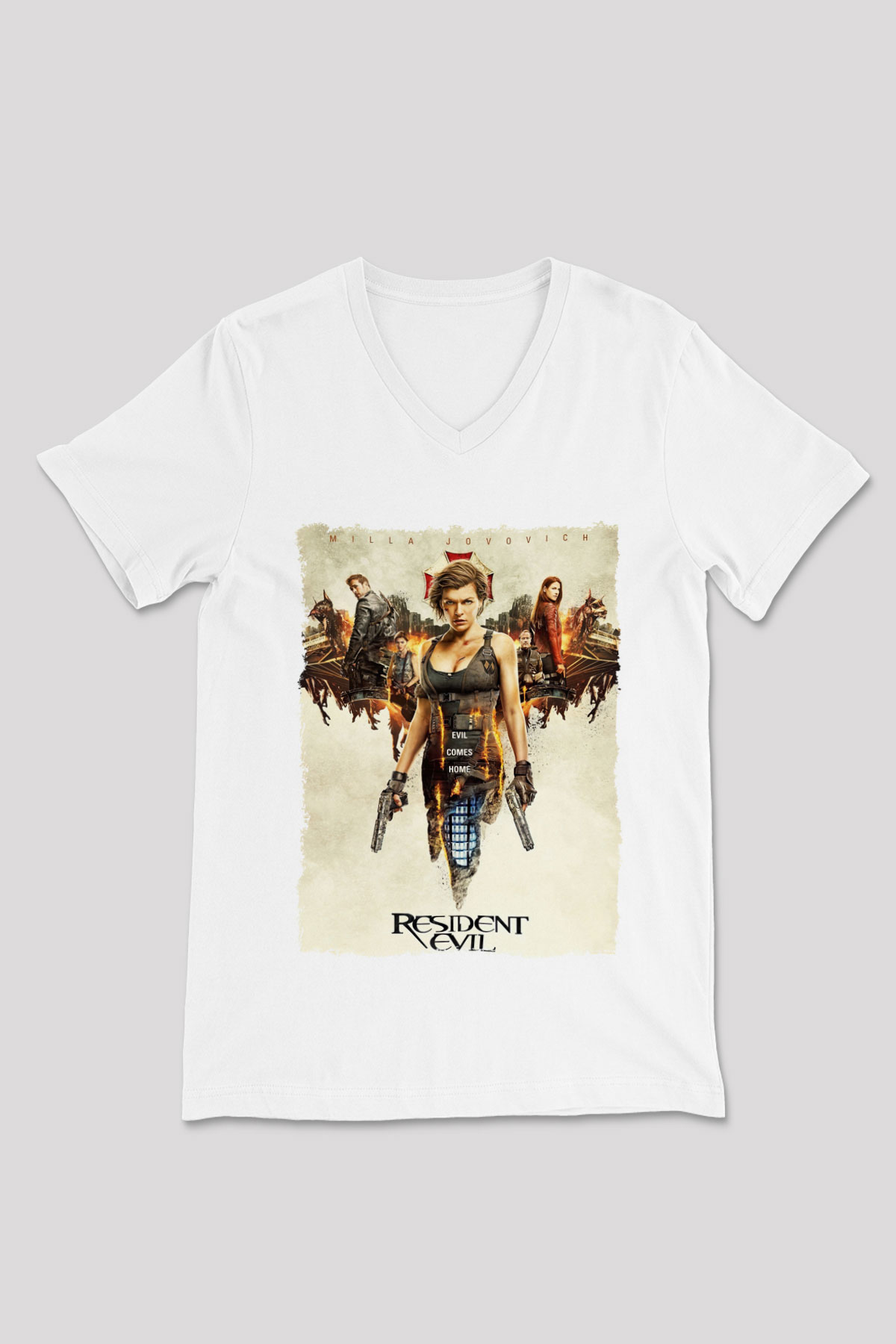 Resident Evil Beyaz Unisex V Yaka Tişört