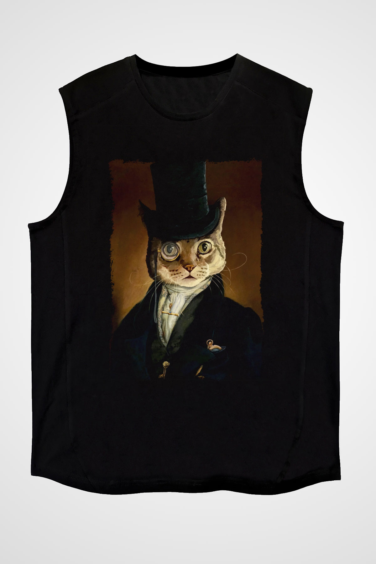 Retro Kedi Tablo Baskılı Siyah  Kolsuz Tişört