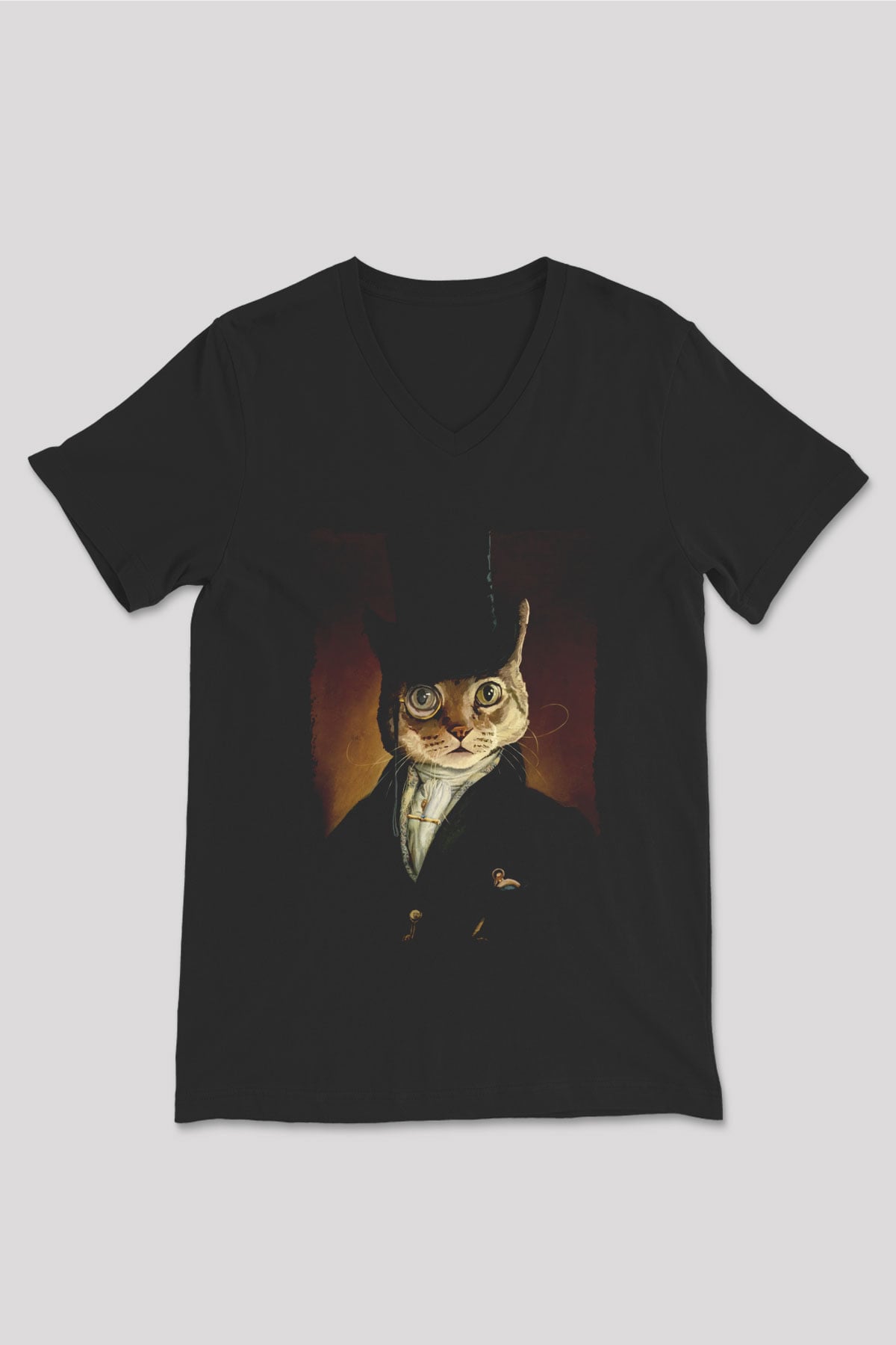 Retro Kedi Tablo Baskılı Siyah  V Yaka Tişört