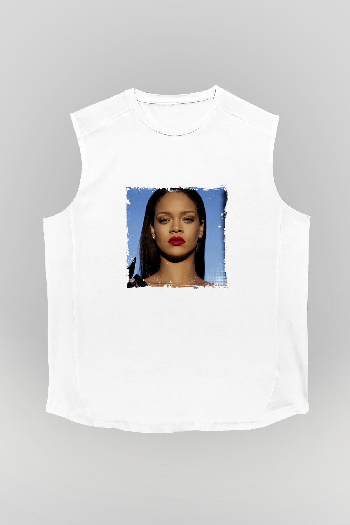 Rihanna Baskılı Unisex Beyaz Kolsuz Tişört
