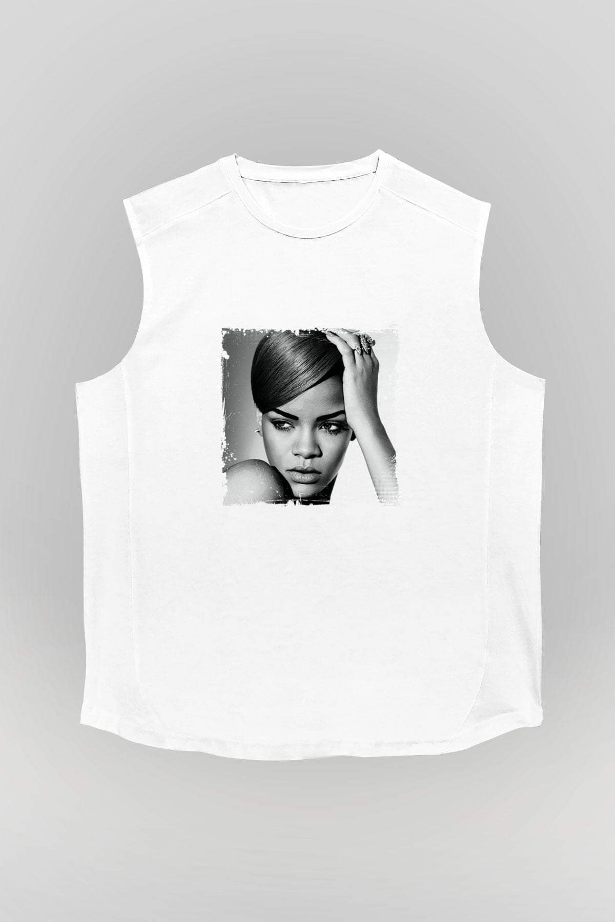 Rihanna Baskılı Unisex Beyaz Kolsuz Tişört