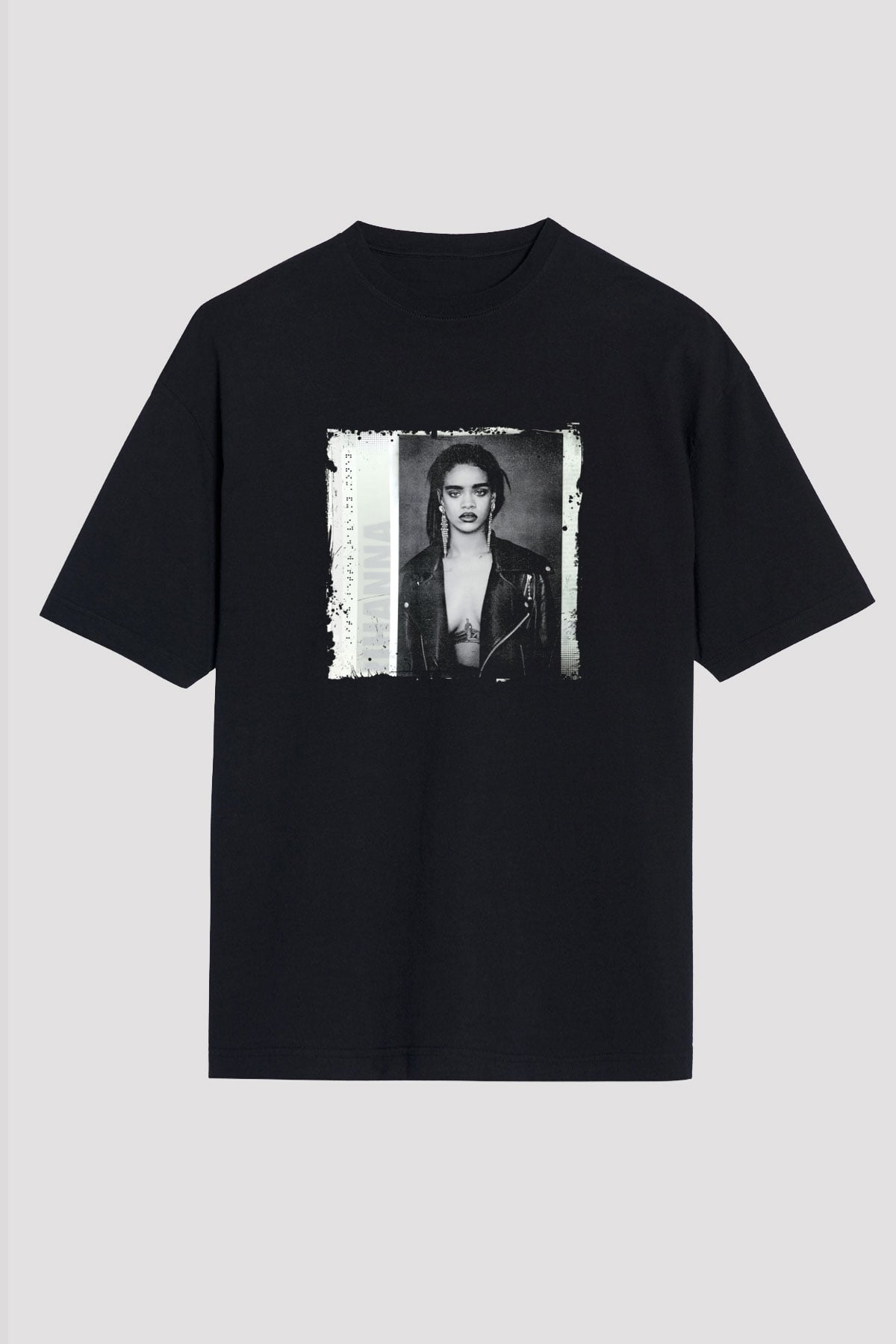 Rihanna Baskılı Unisex Oversize Siyah Tişört
