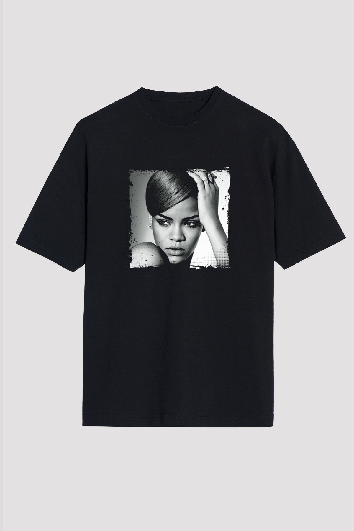 Rihanna Baskılı Unisex Oversize Siyah Tişört