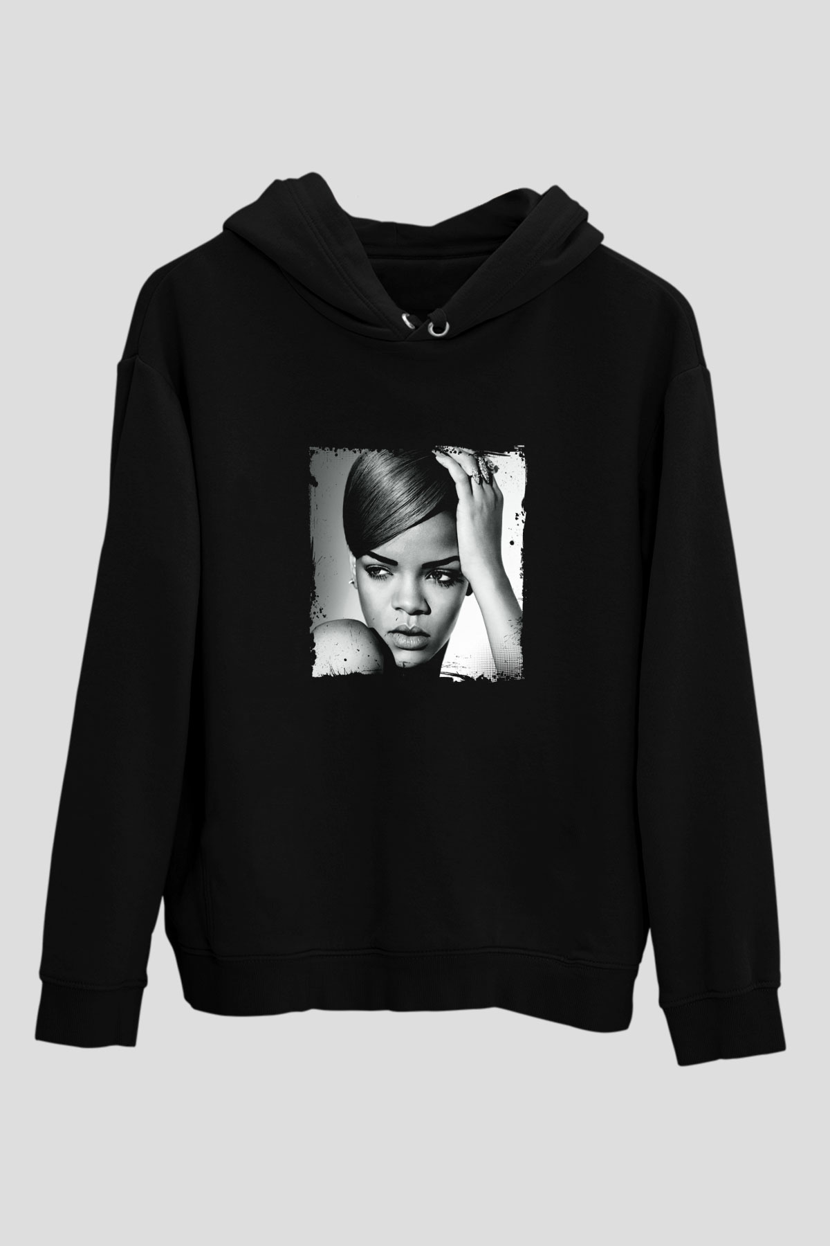 Rihanna Baskılı Unisex Siyah Hoodie