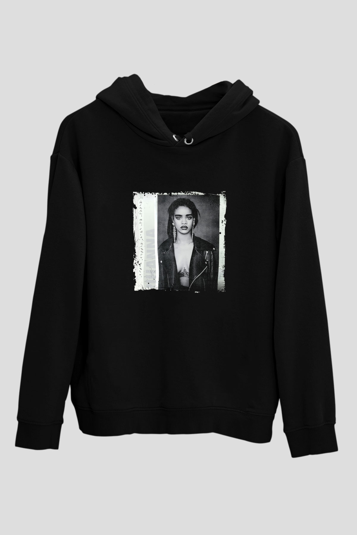 Rihanna Baskılı Unisex Siyah Hoodie