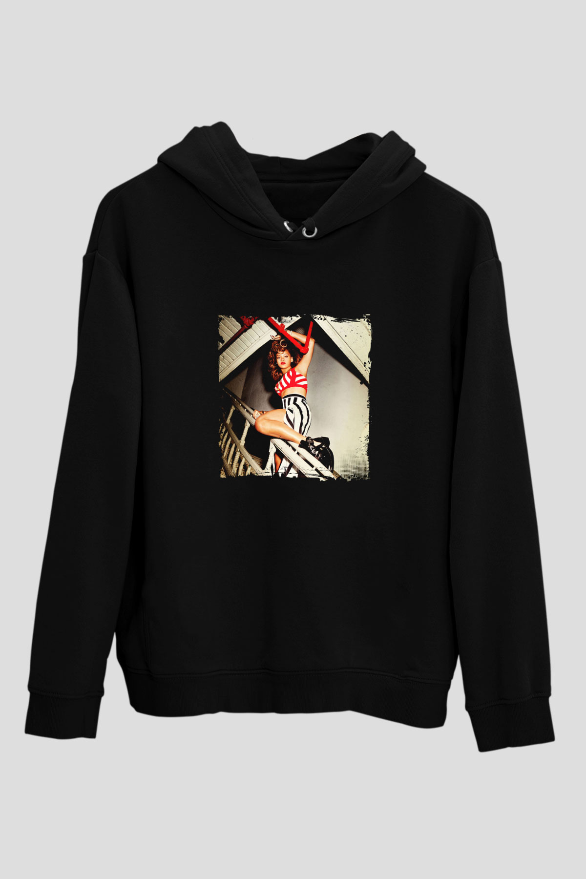 Rihanna Baskılı Unisex Siyah Hoodie