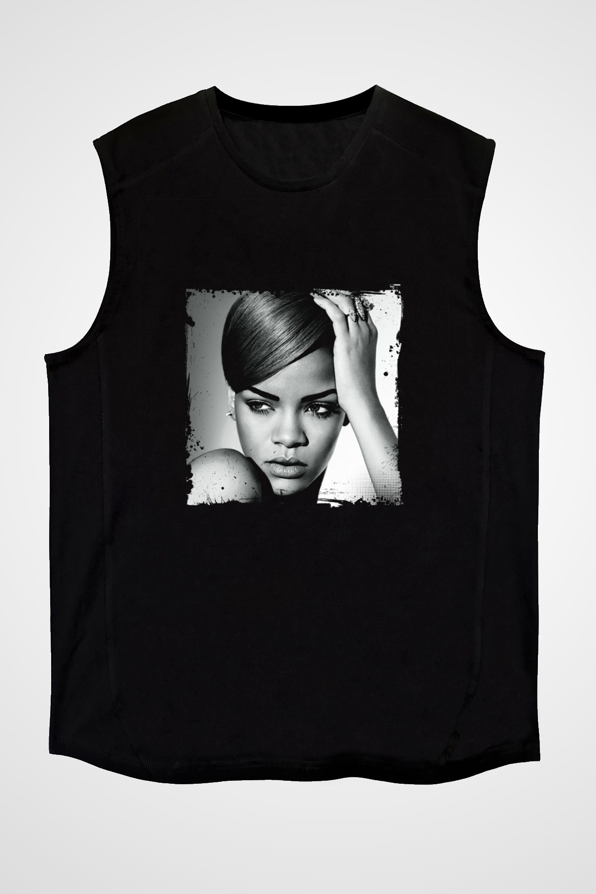 Rihanna Baskılı Unisex Siyah Kolsuz Tişört