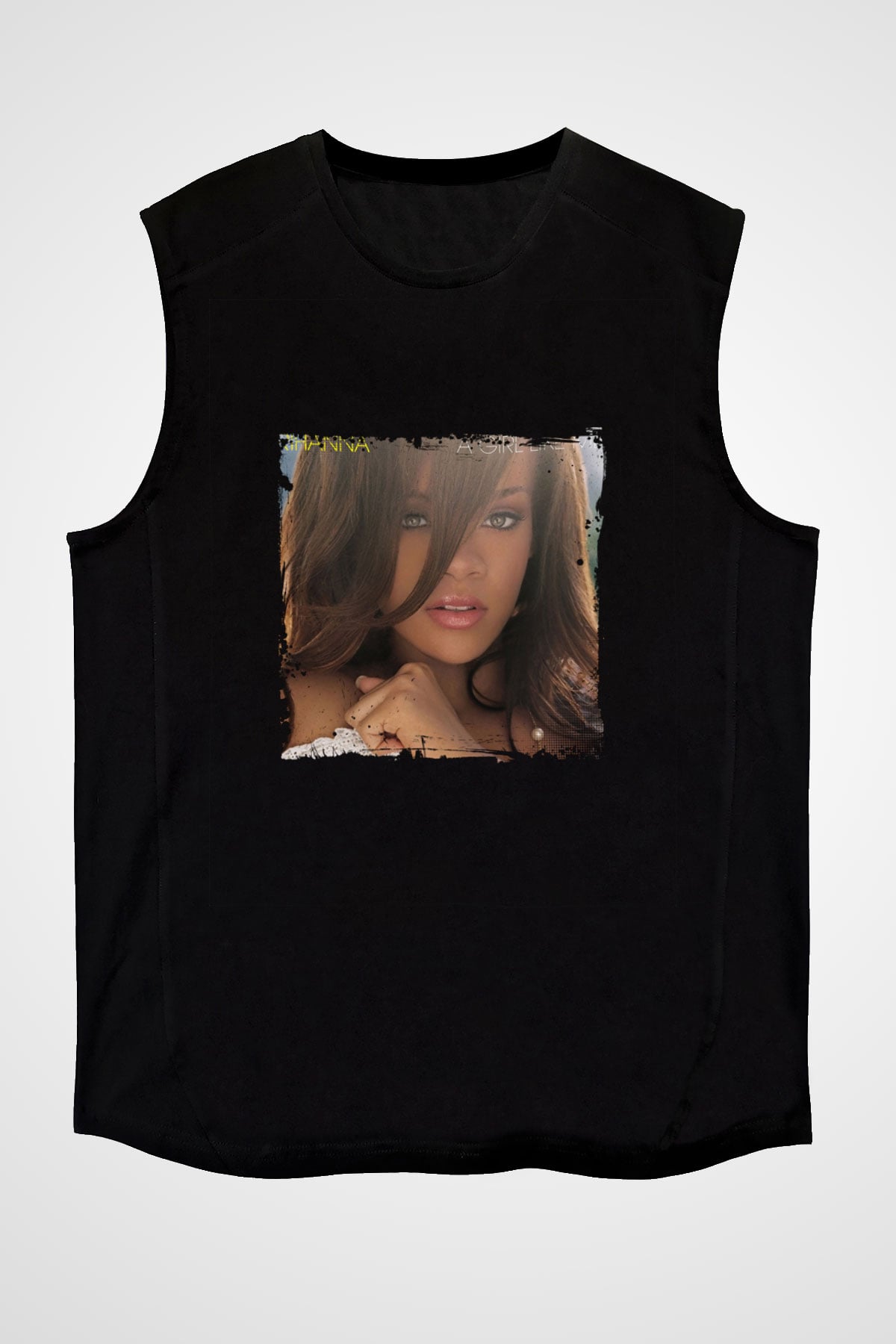 Rihanna Baskılı Unisex Siyah Kolsuz Tişört