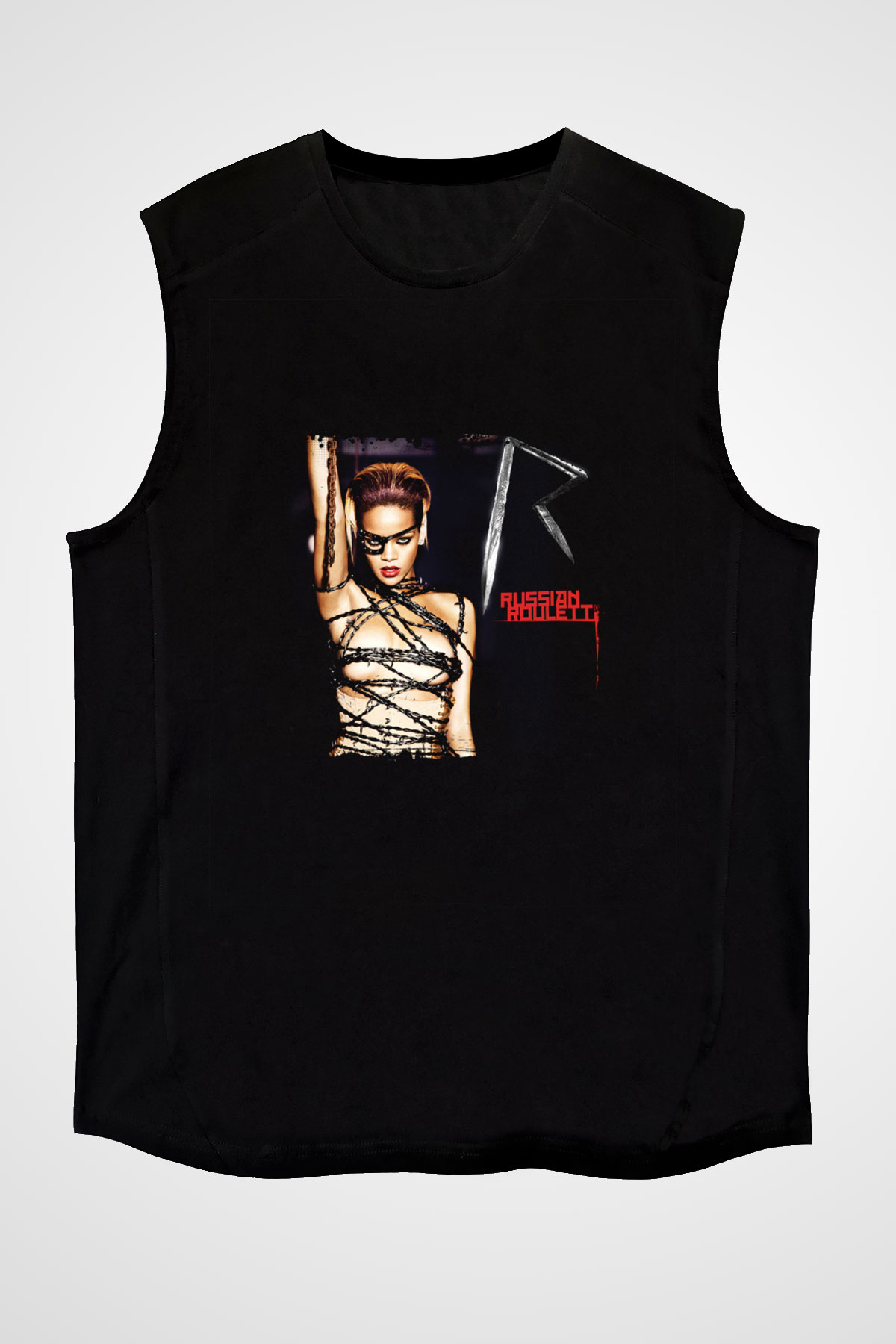 Rihanna Baskılı Unisex Siyah Kolsuz Tişört