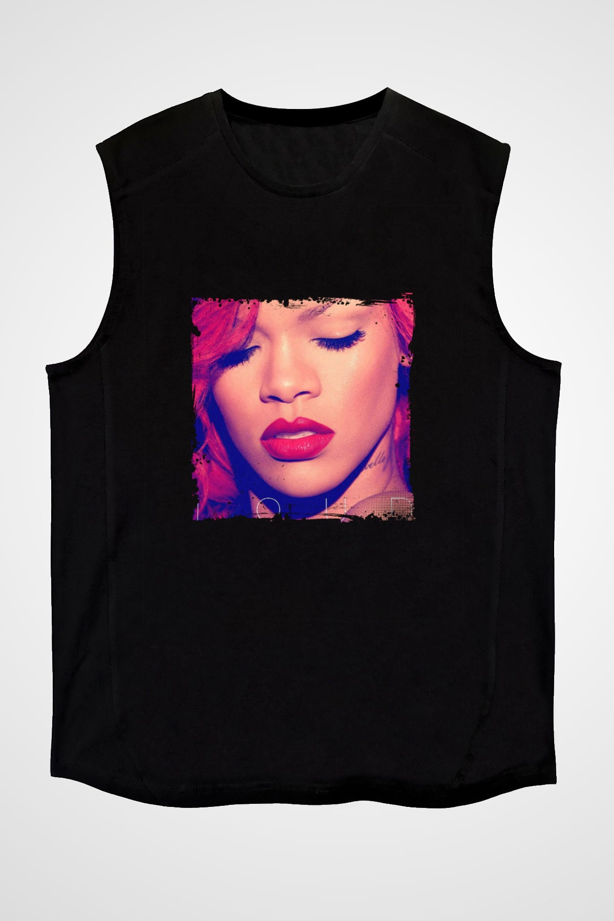 Rihanna Baskılı Unisex Siyah Kolsuz Tişört