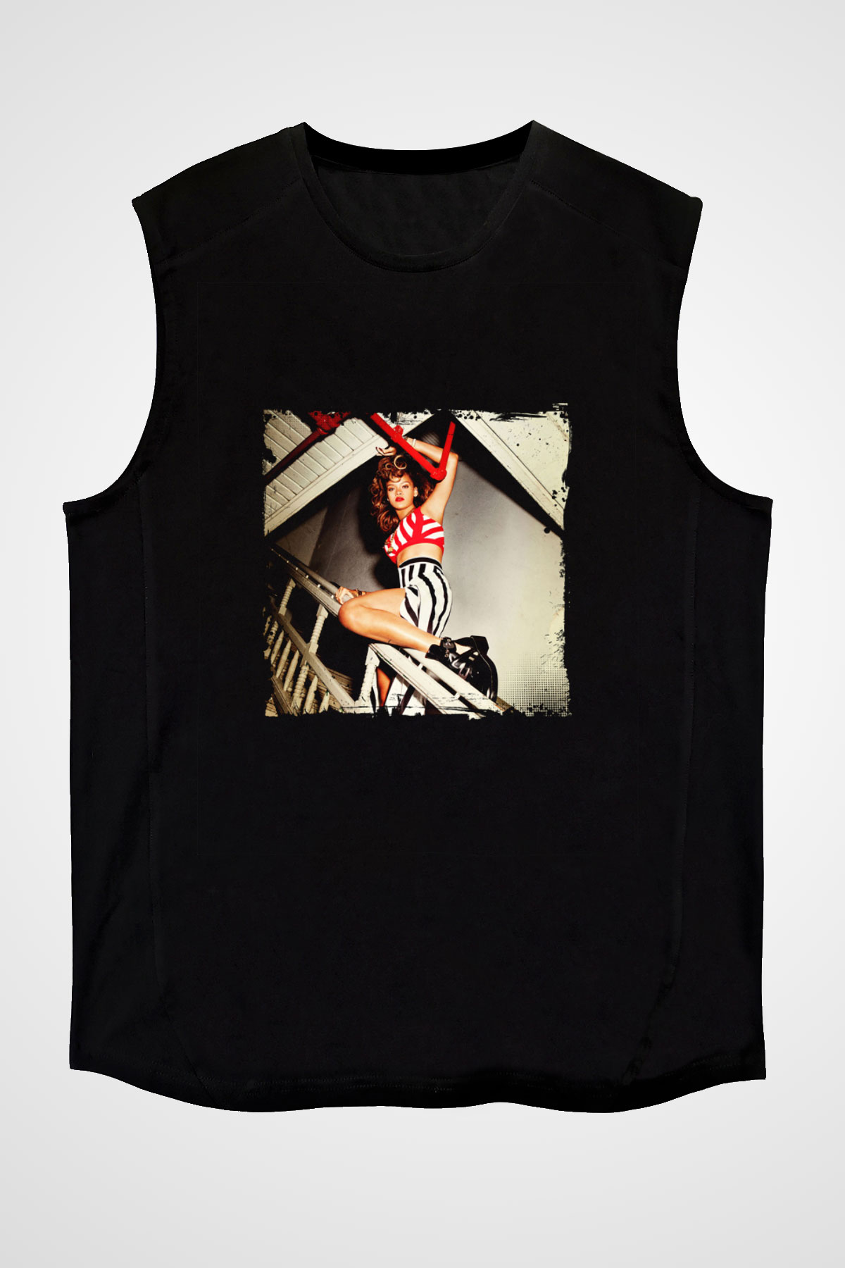 Rihanna Baskılı Unisex Siyah Kolsuz Tişört