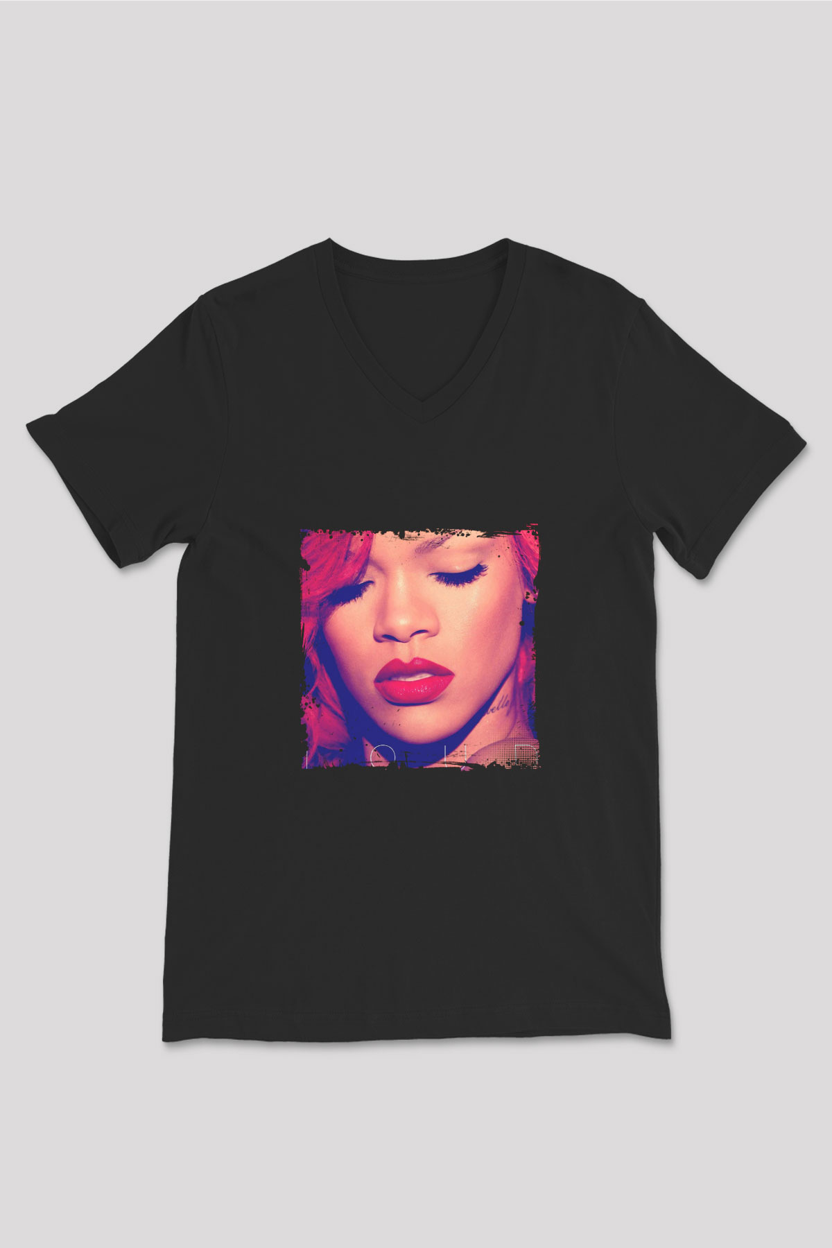 Rihanna Baskılı Unisex Siyah V Yaka Tişört