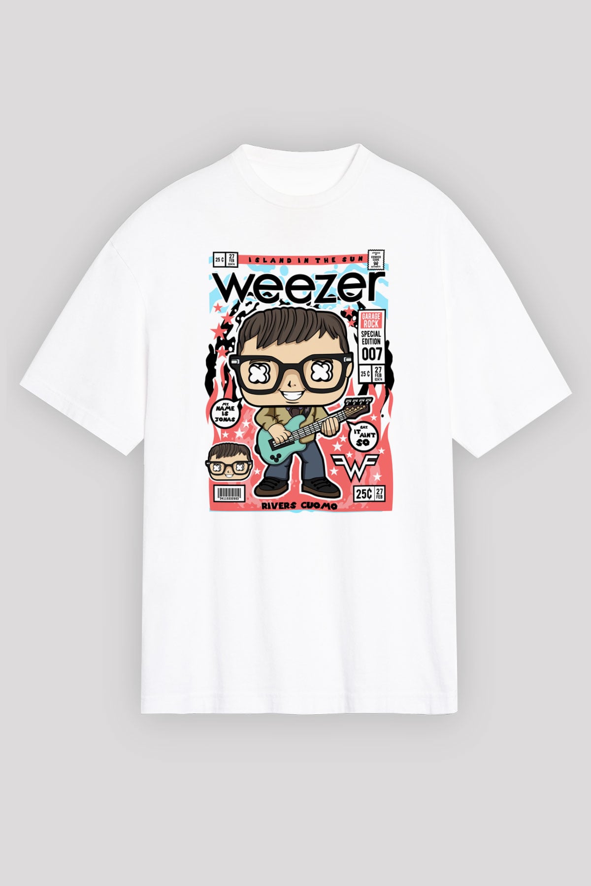 Rivers Cuomo Weezer Baskılı Unisex Beyaz Oversize Tişört