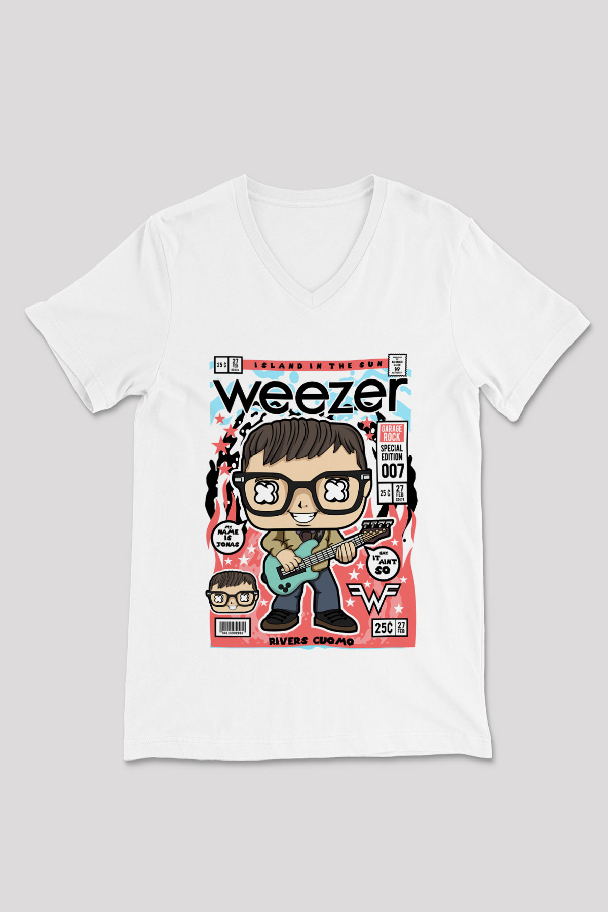 Rivers Cuomo Weezer Baskılı Unisex Beyaz V Yaka Tişört