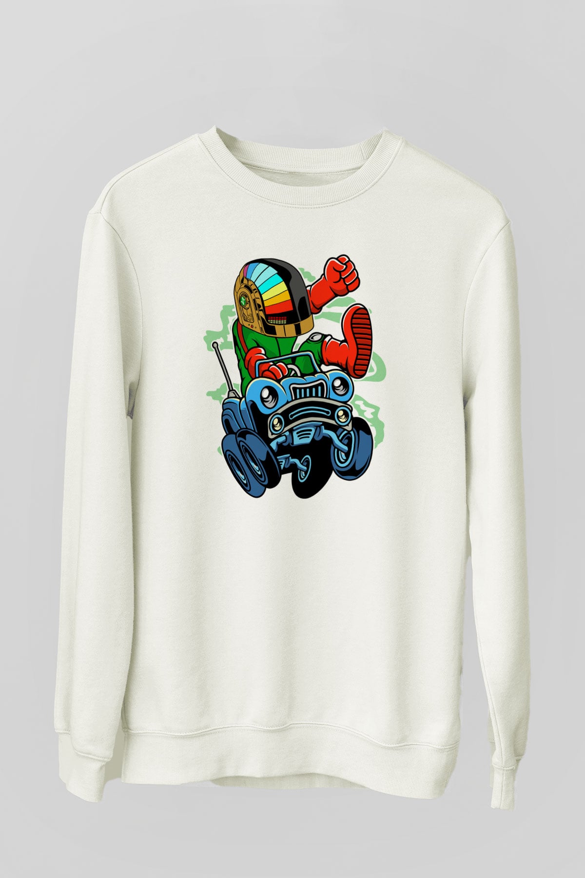 Road Daft Punk Baskılı Beyaz Unisex Sweatshirt