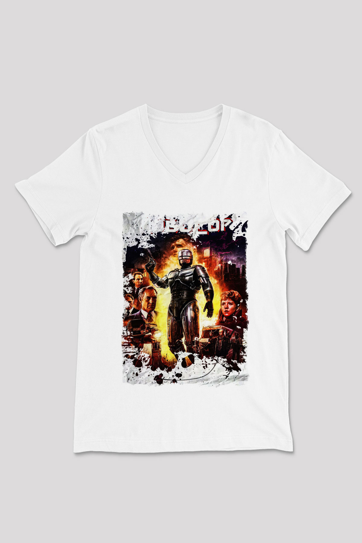 RoboCop Beyaz Unisex V Yaka Tişört