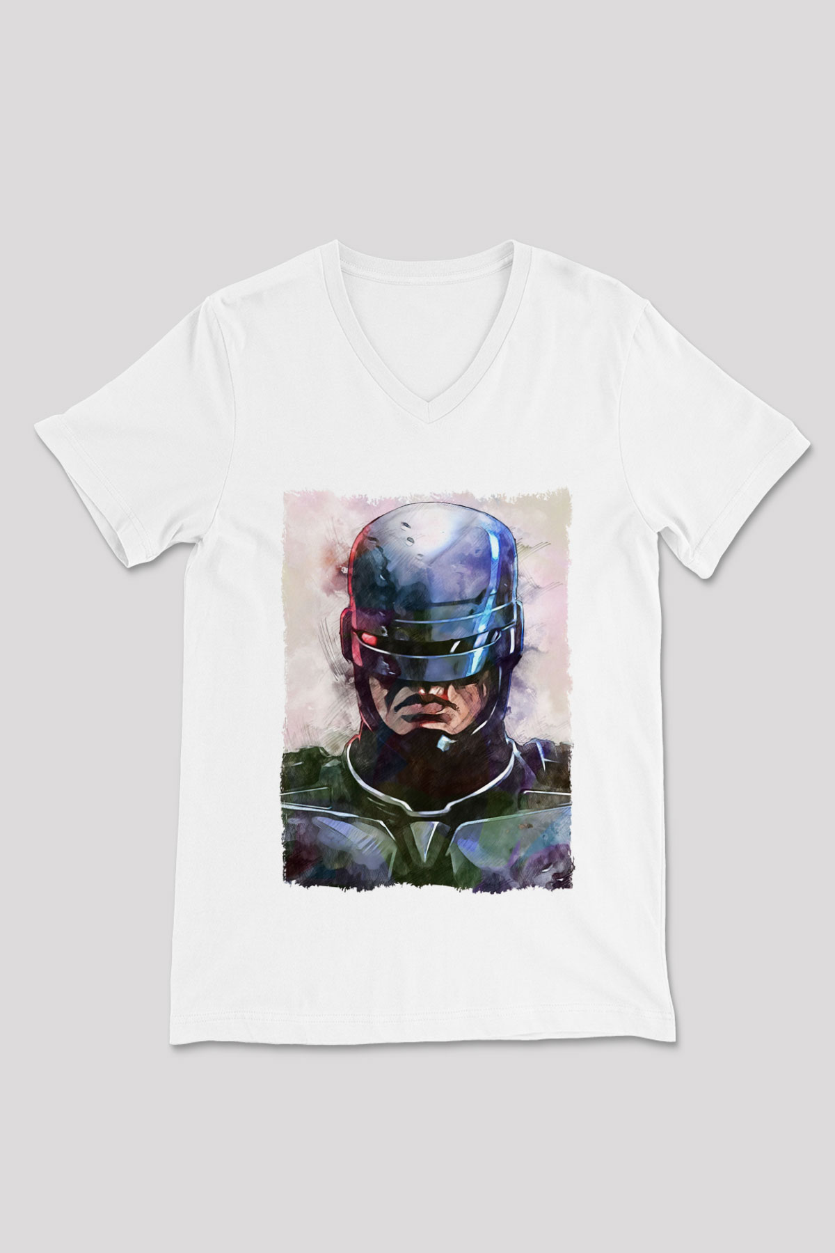 RoboCop Beyaz Unisex V Yaka Tişört