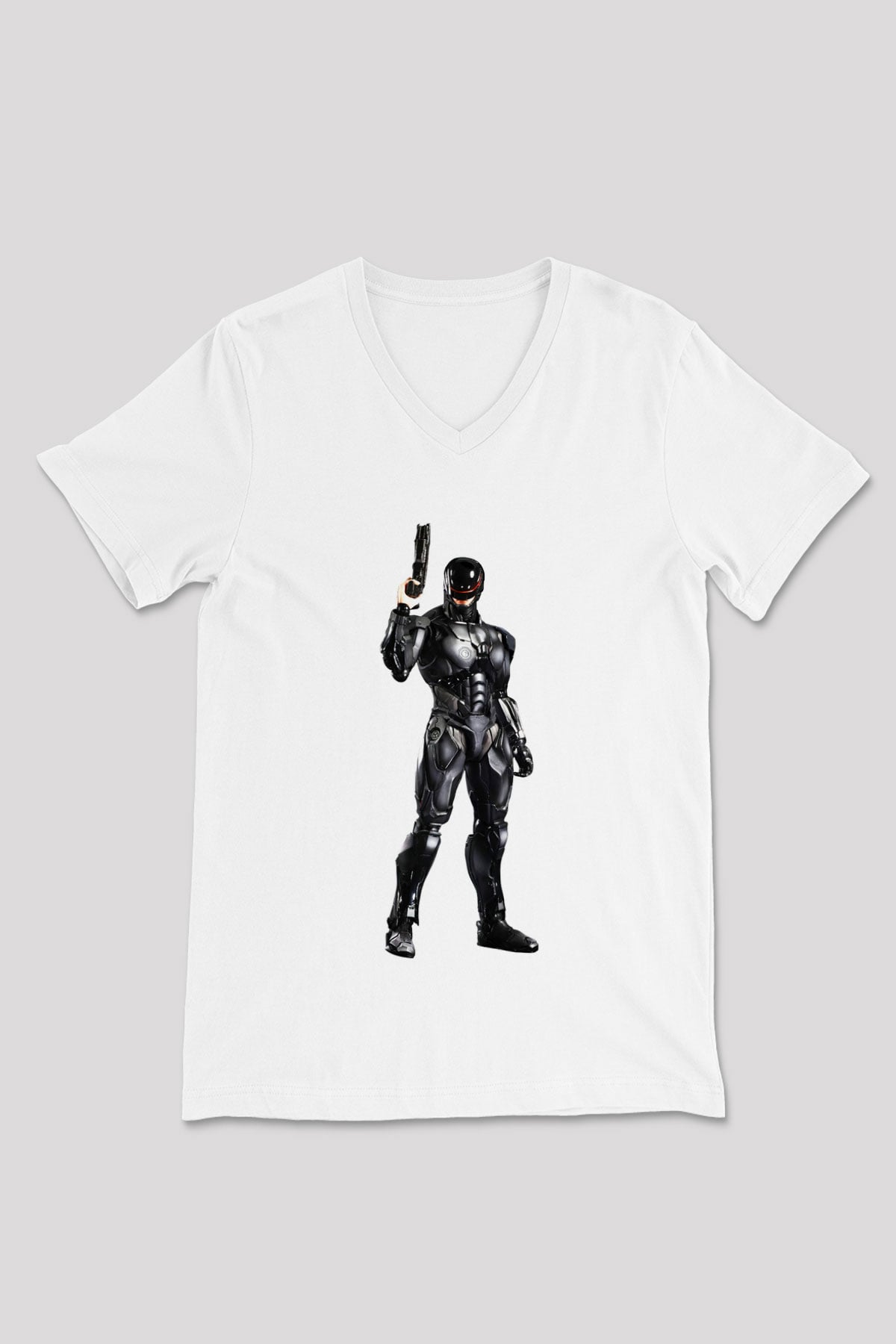 RoboCop Beyaz Unisex V Yaka Tişört T-Shirt