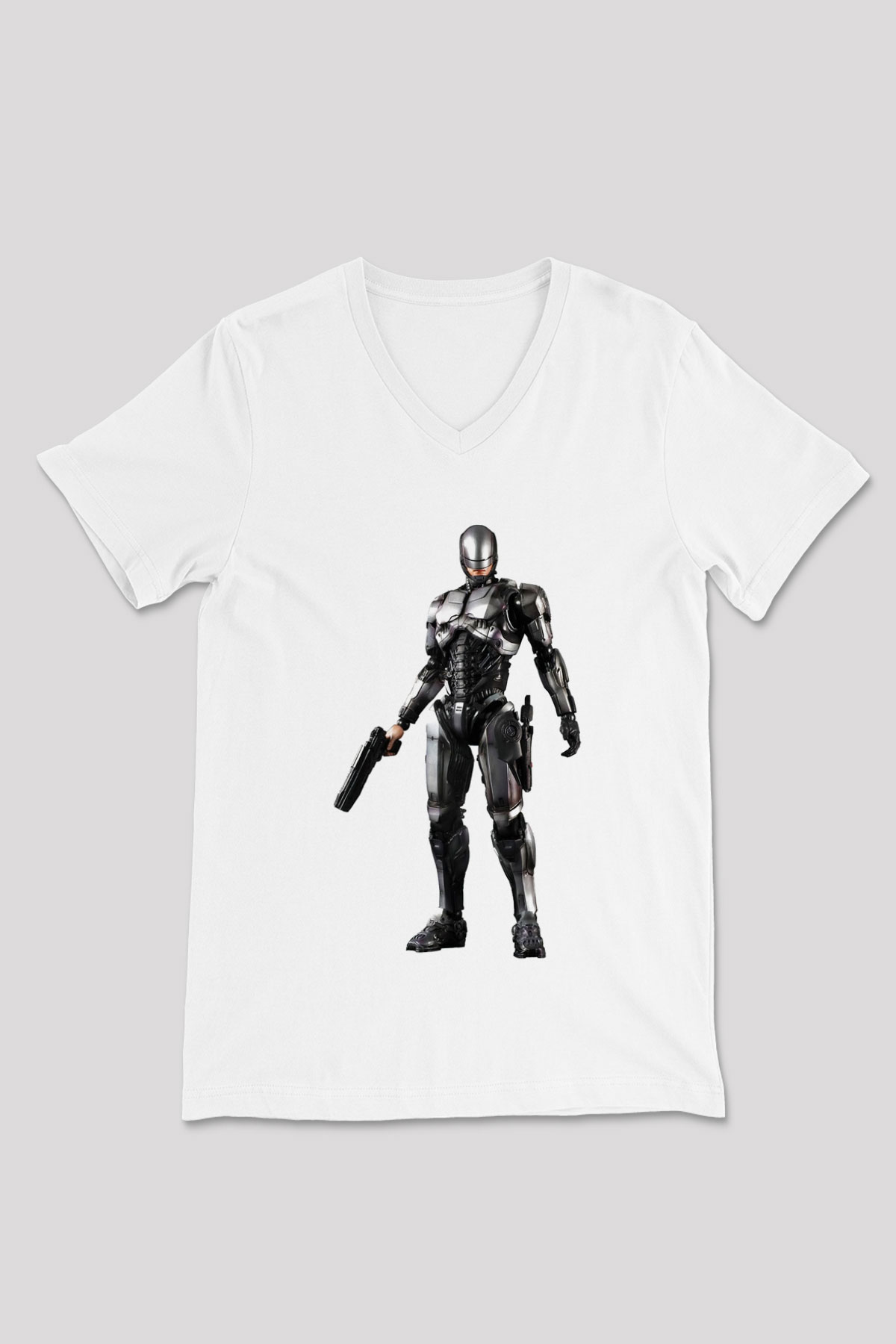 RoboCop Beyaz Unisex V Yaka Tişört T-Shirt