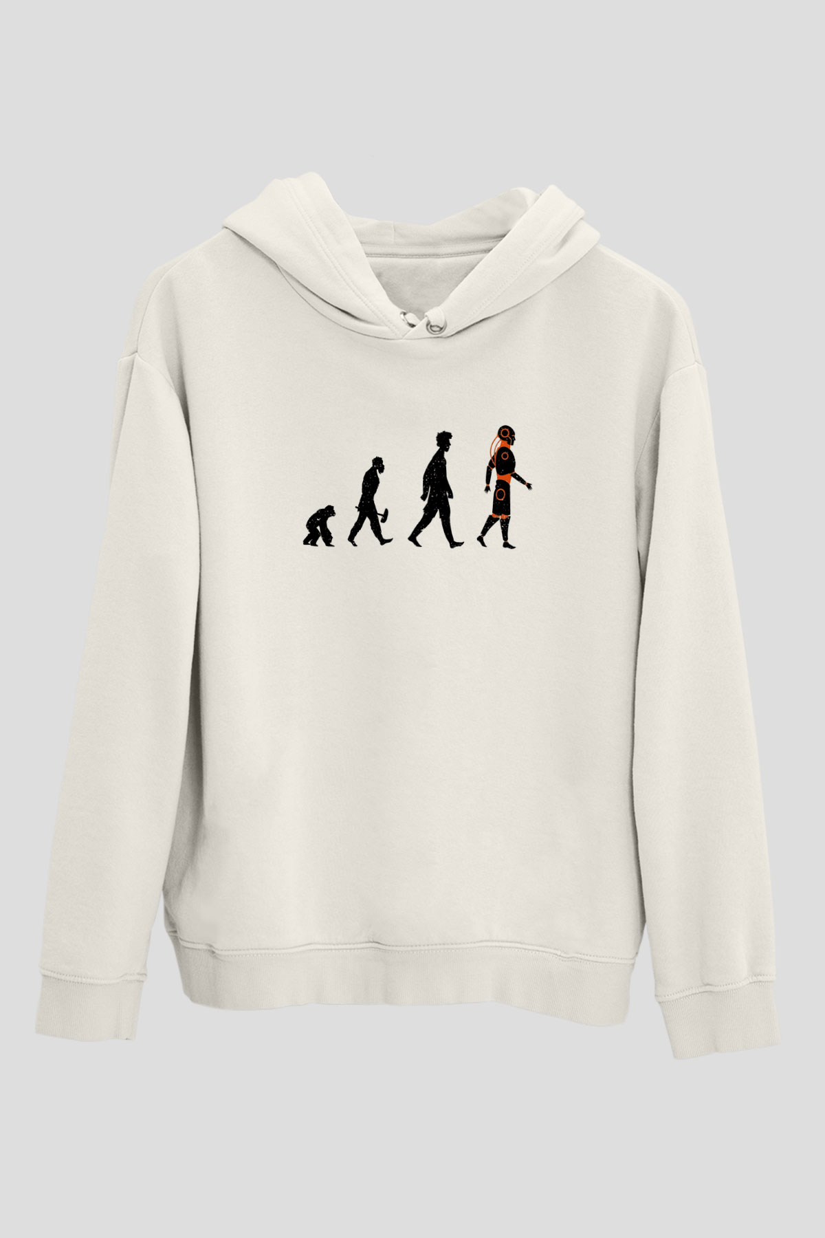 Robot Evrimi Baskılı Unisex Ekru Hoodie