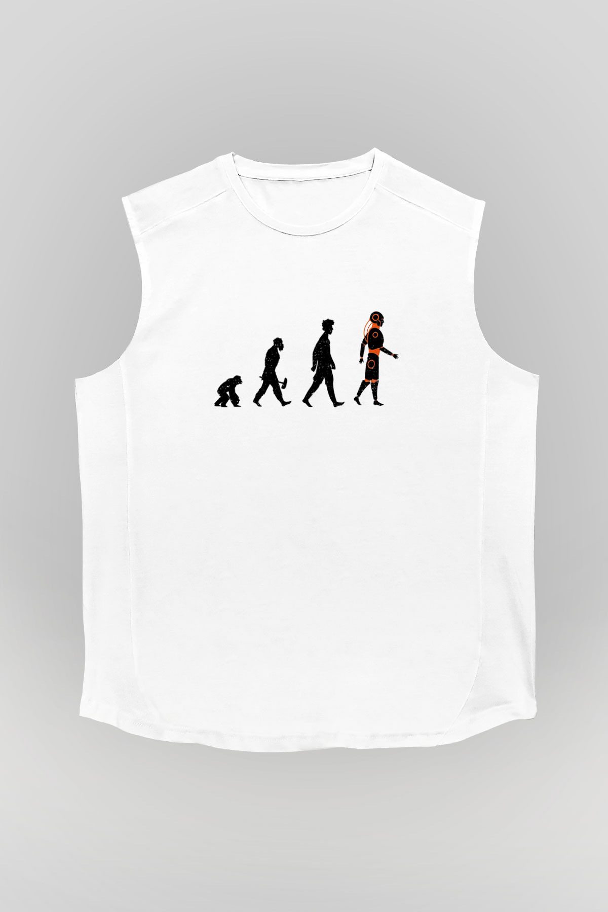Robot Evrimi Baskılı Unisex Kolsuz Beyaz Tişört - Tshirt