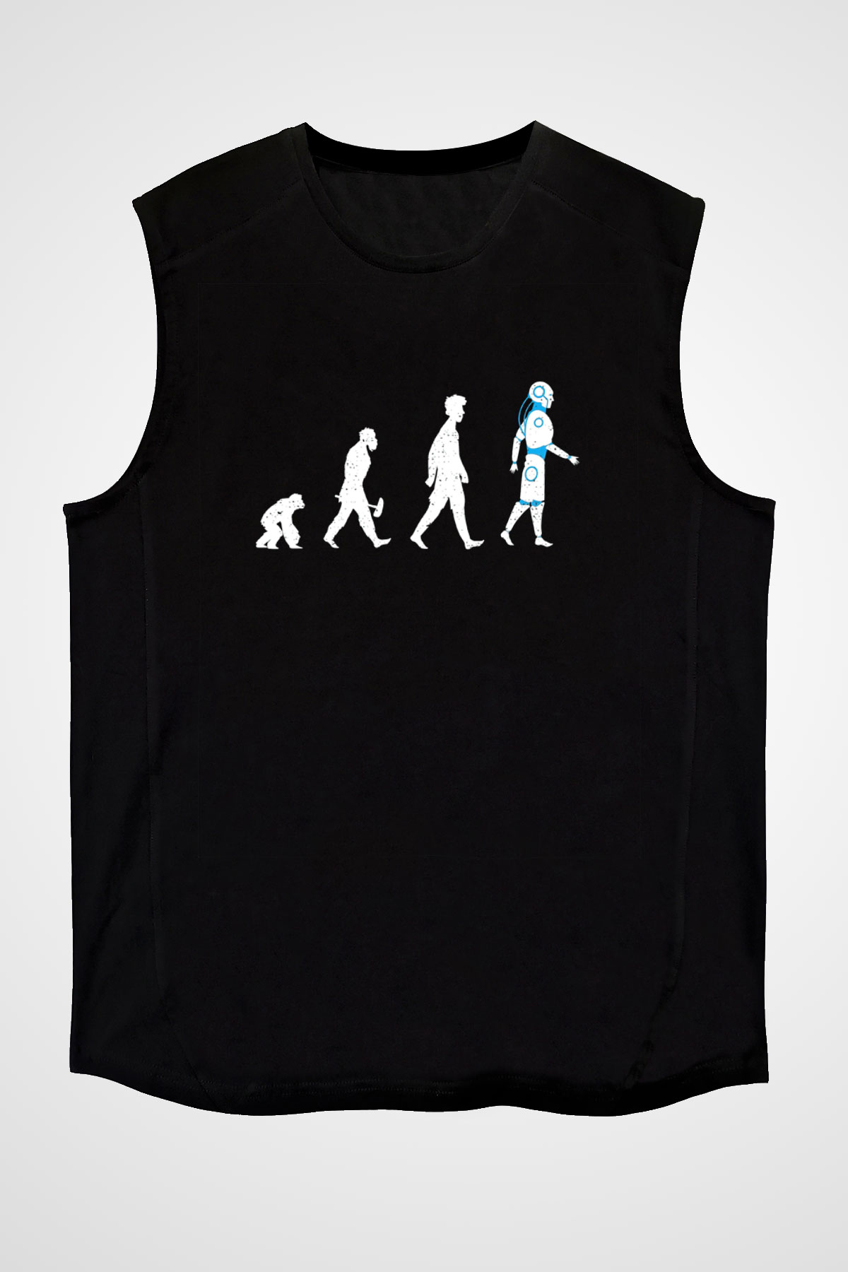 Robot Evrimi Baskılı Unisex Kolsuz Siyah Tişört - Tshirt