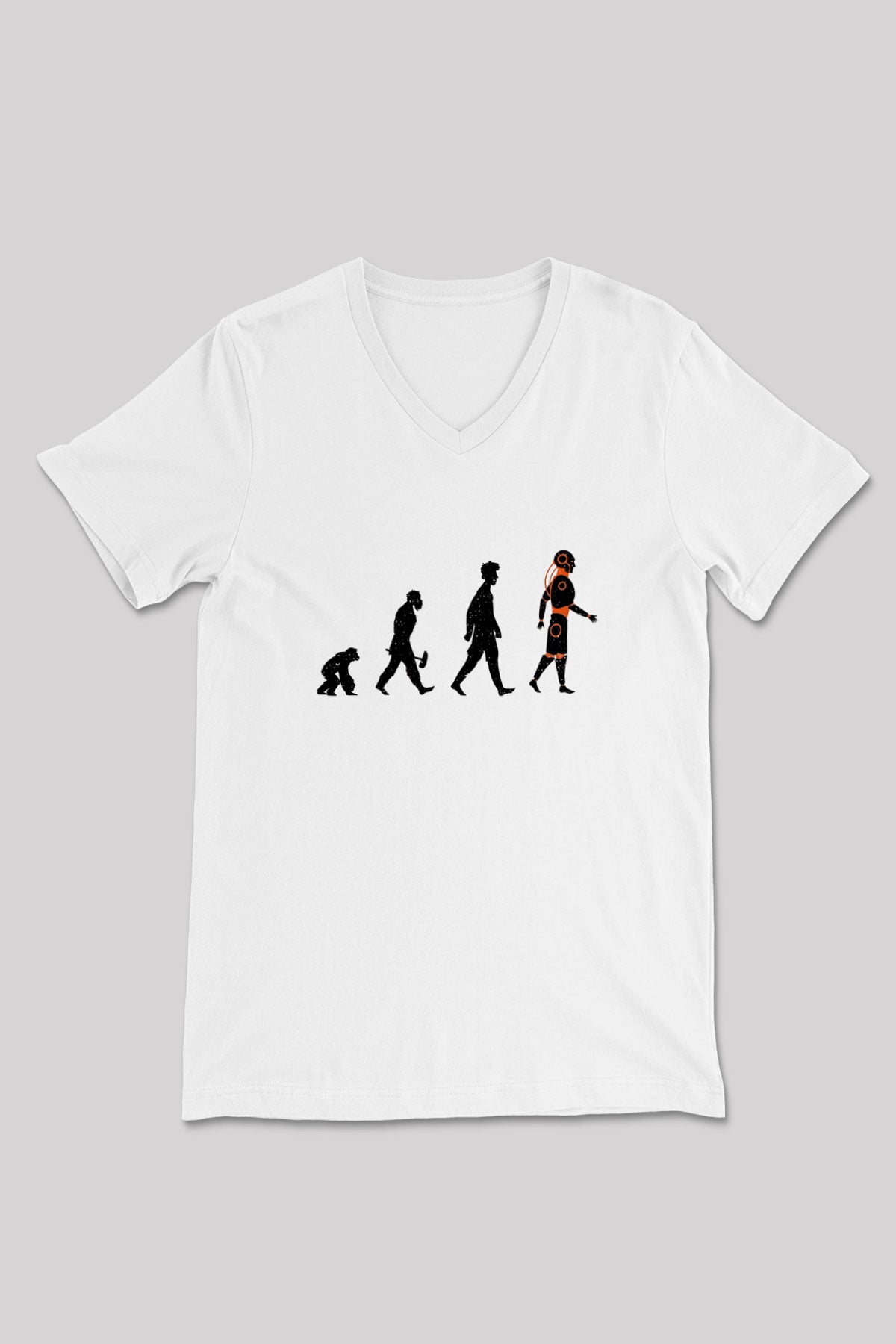 Robot Evrimi Baskılı Unisex V Yaka Beyaz Tişört - Tshirt