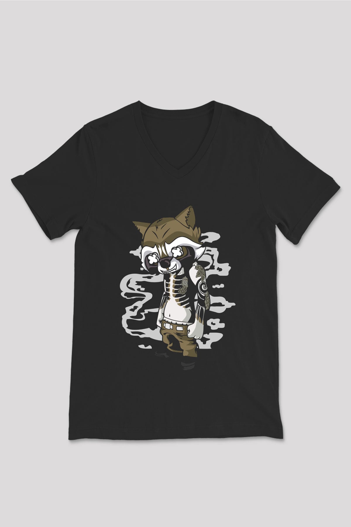 Rocket Gangster Baskılı Siyah Unisex V Yaka Tişört