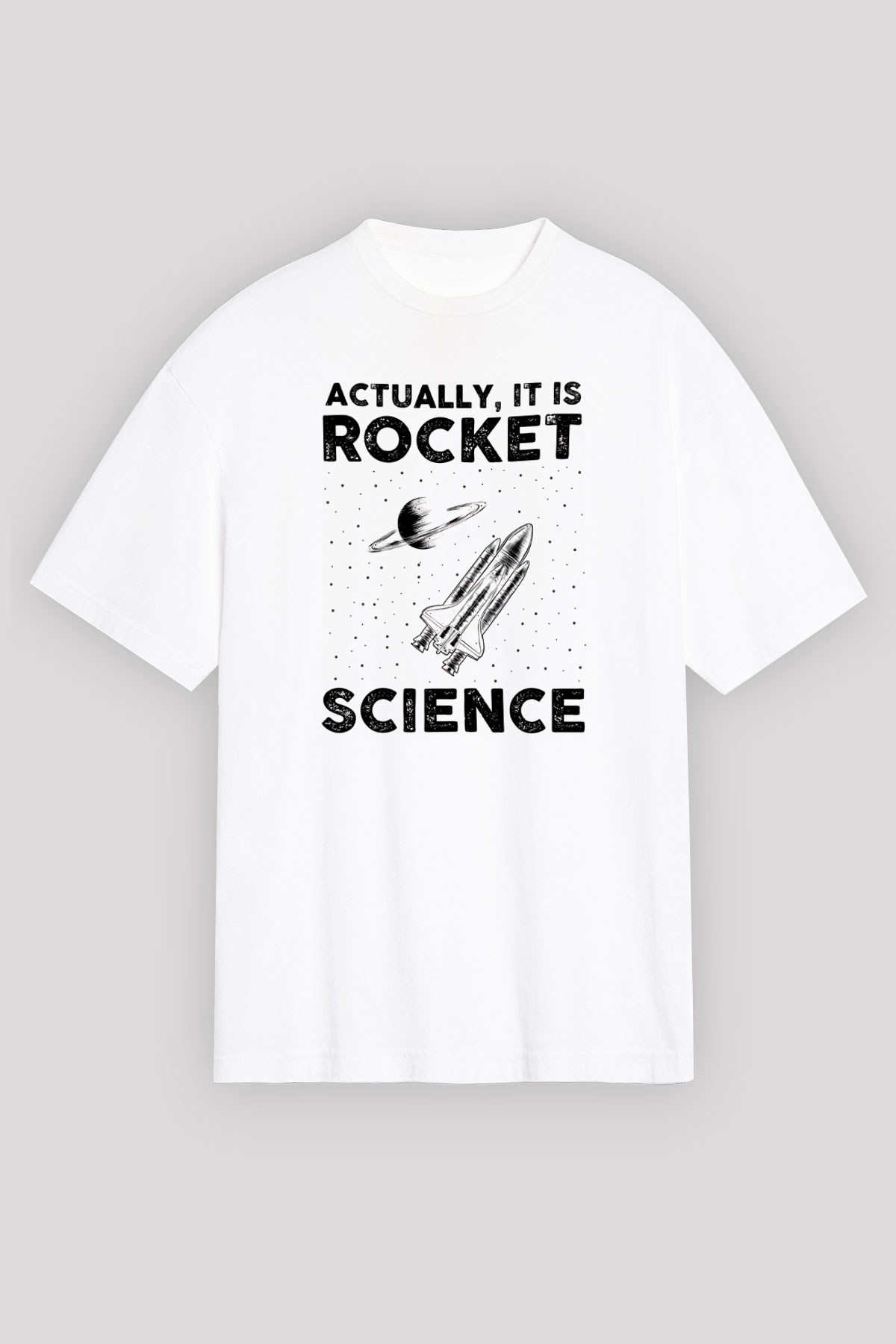 Roket Bilim Baskılı Unisex Oversize Beyaz Tişört - Tshirt
