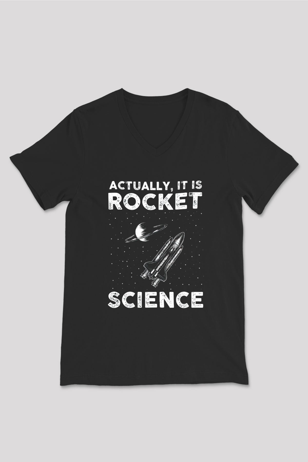 Roket Bilim Baskılı Unisex V Yaka Siyah Tİşört - Tshirt