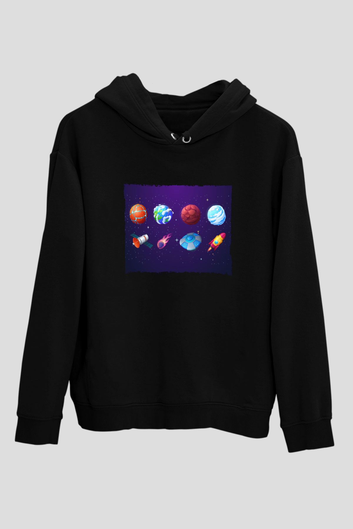 Roketler Ve Gezegenler Baskılı Unisex Siyah Hoodie