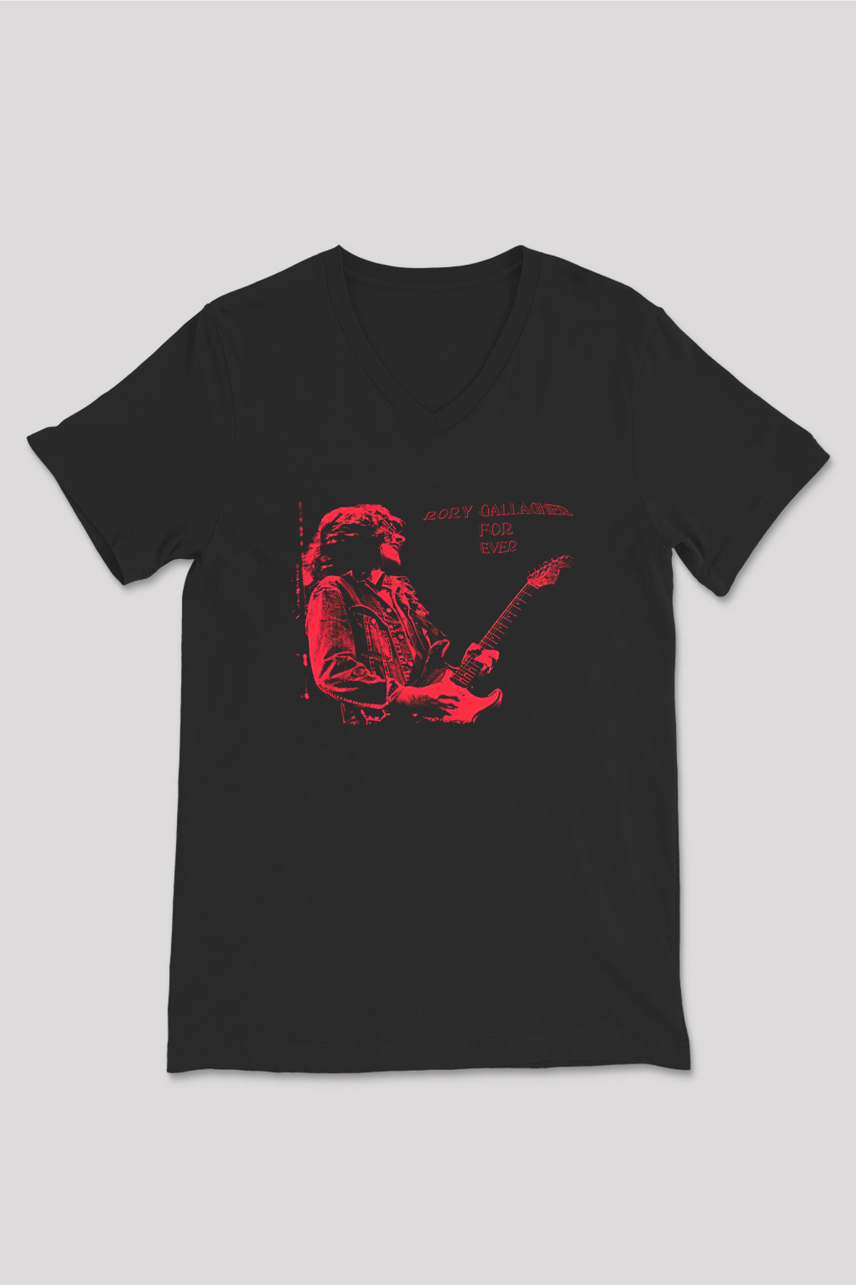 Rory Gallagher Baskılı Unisex Siyah V Yaka Tişört - Tshirt