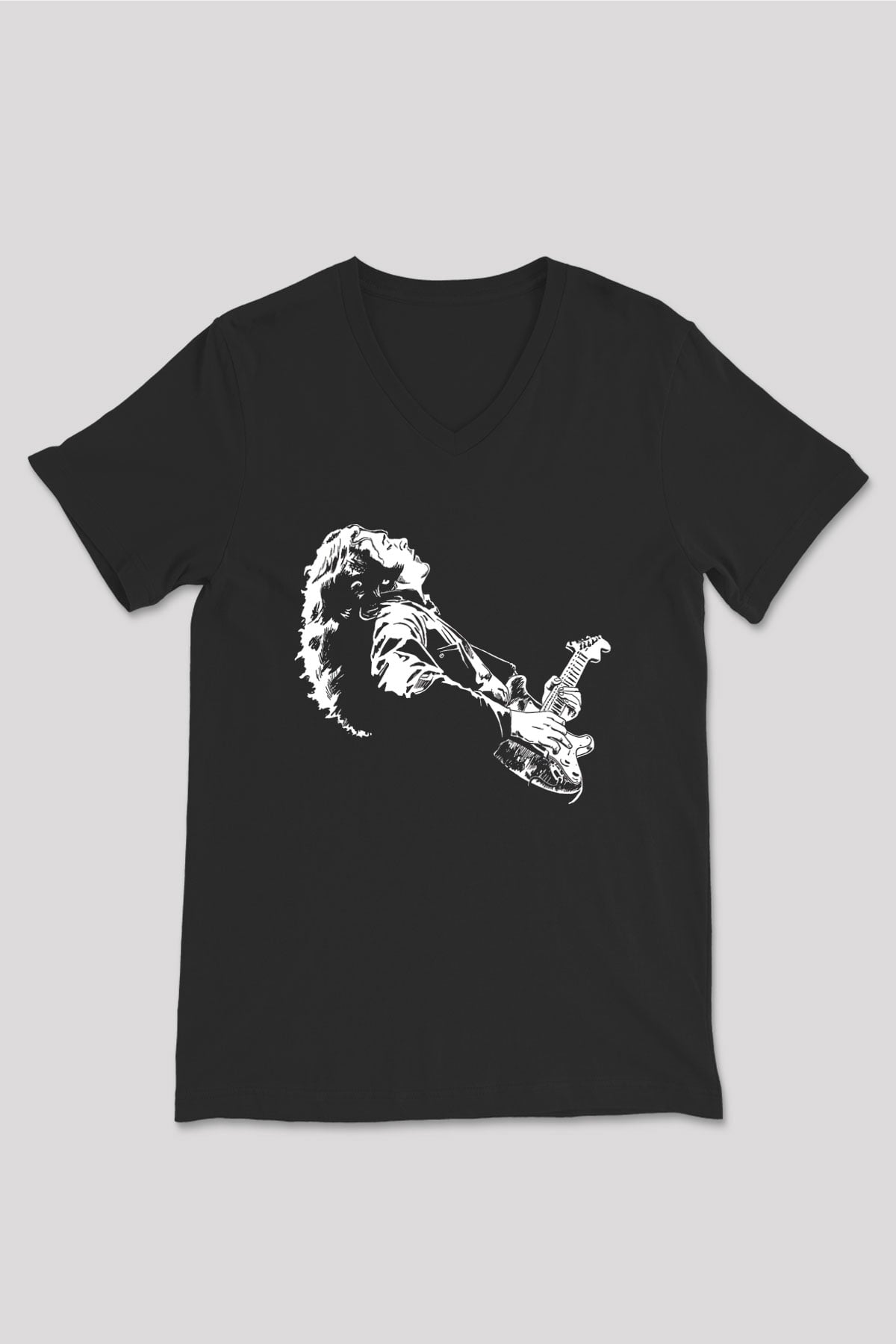 Rory Gallagher Baskılı Unisex Siyah V Yaka Tişört - Tshirt