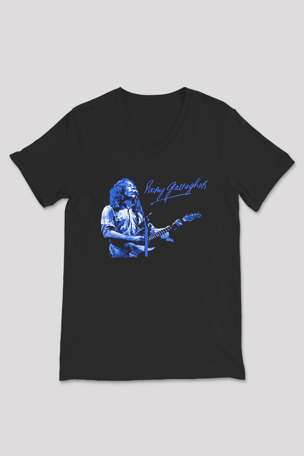 Rory Gallagher Baskılı Unisex Siyah V Yaka Tişört - Tshirt