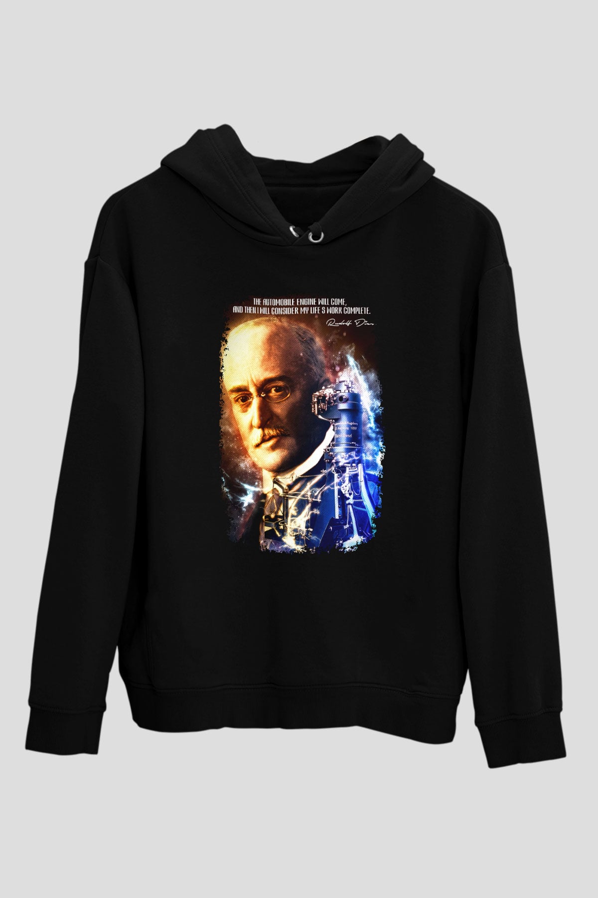 Rudolf Diesel Baskılı Unisex Siyah Kapüşonlu Sweatshirt