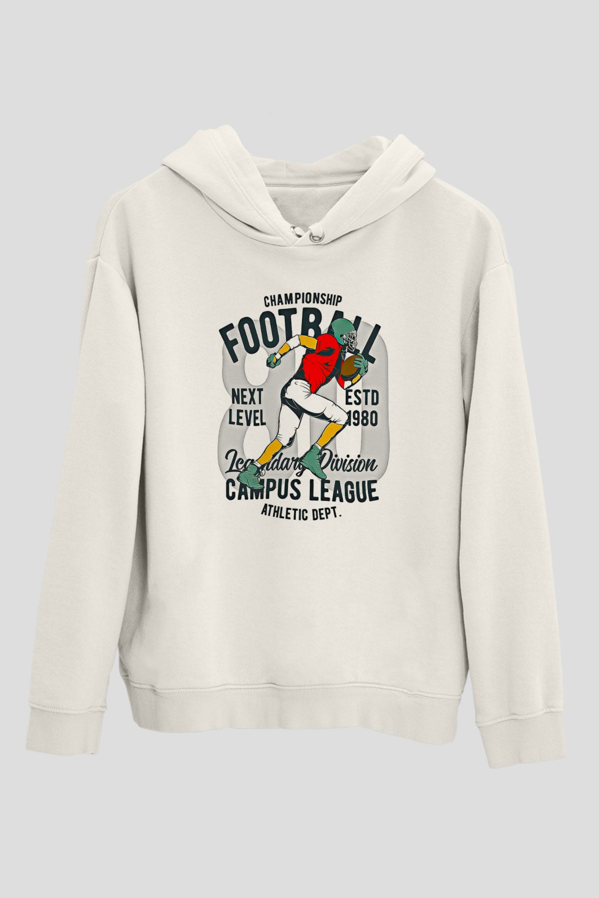 Rugby Baskılı Unisex Ekru Hoodie