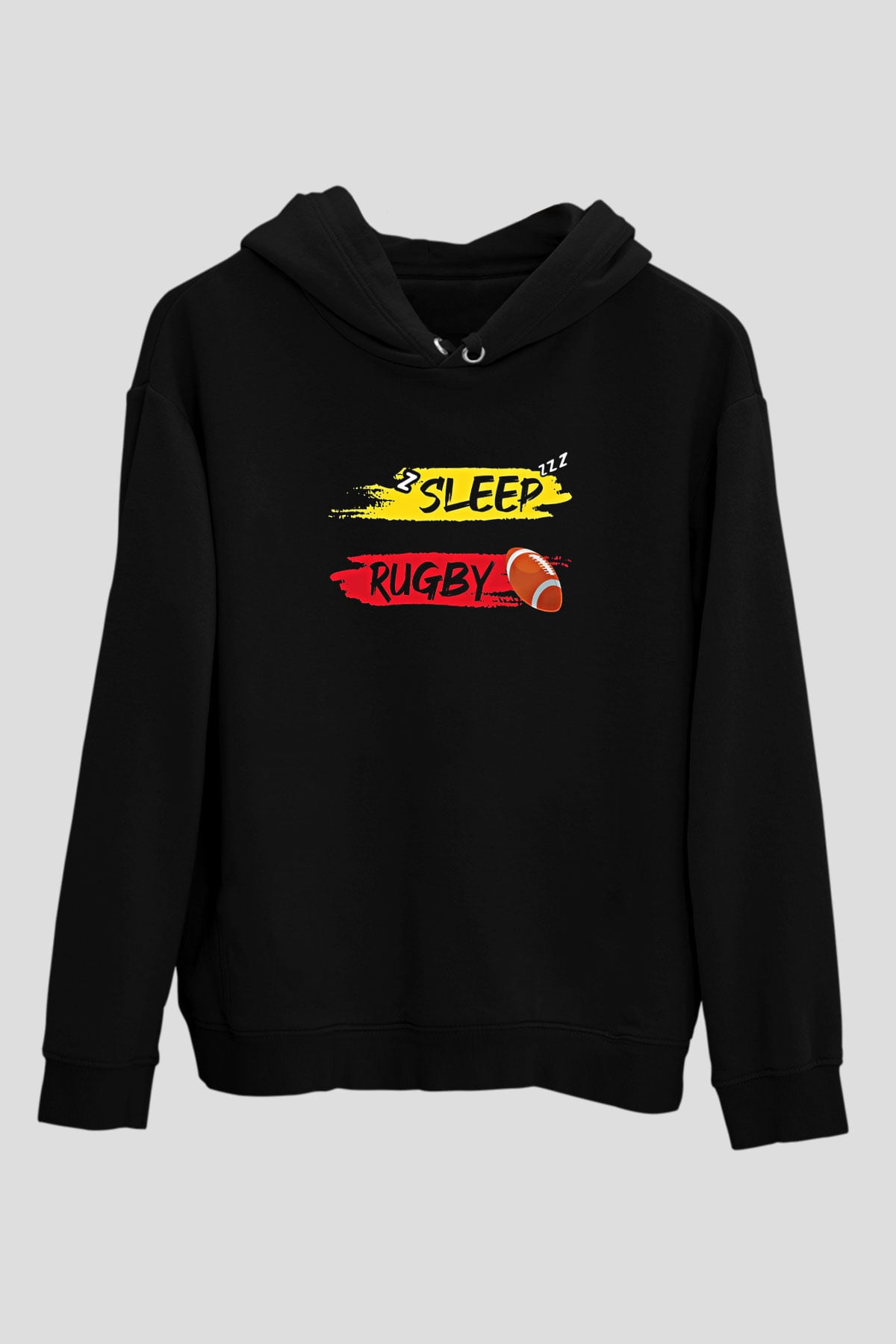 Rugby Baskılı Unisex Siyah Kapüşonlu Sweatshirt