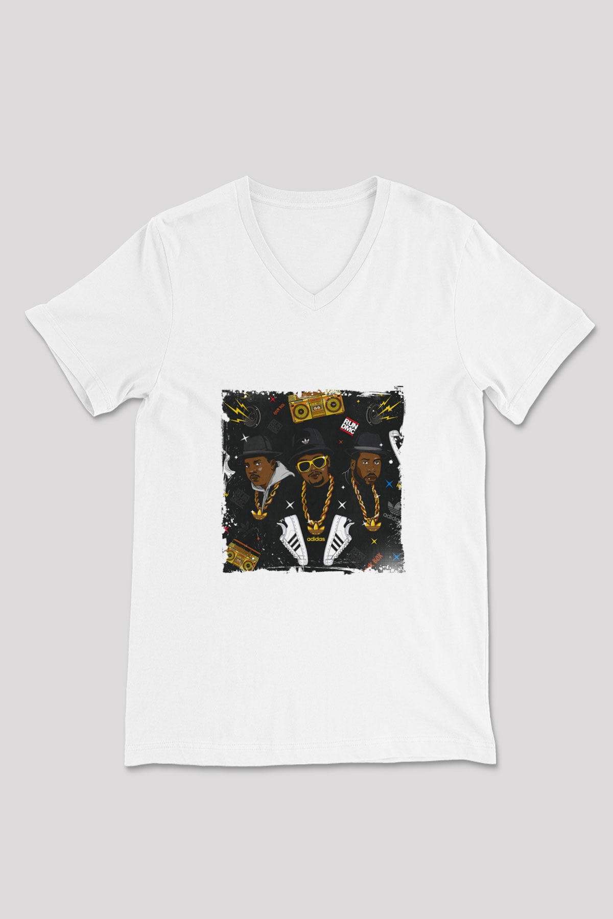 Run DMC Baskılı Beyaz V Yaka Unisex Tişört