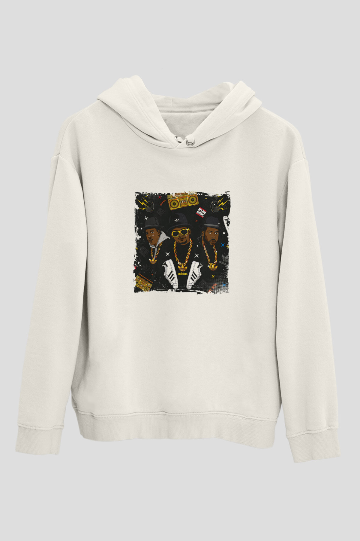 Run DMC Baskılı Unisex Beyaz Kapüşonlu Sweatshirt