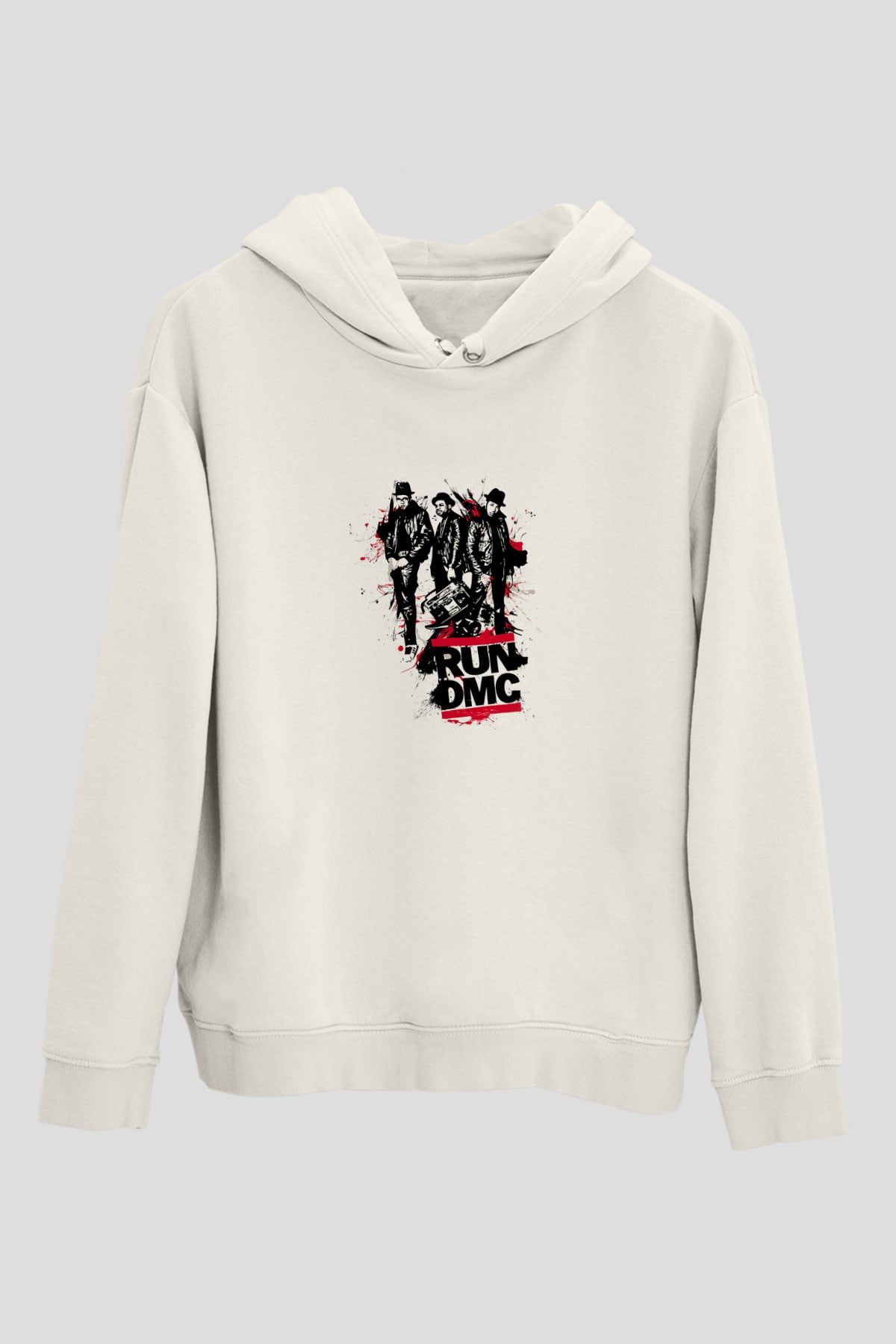 Run DMC Baskılı Unisex Beyaz Kapüşonlu Sweatshirt