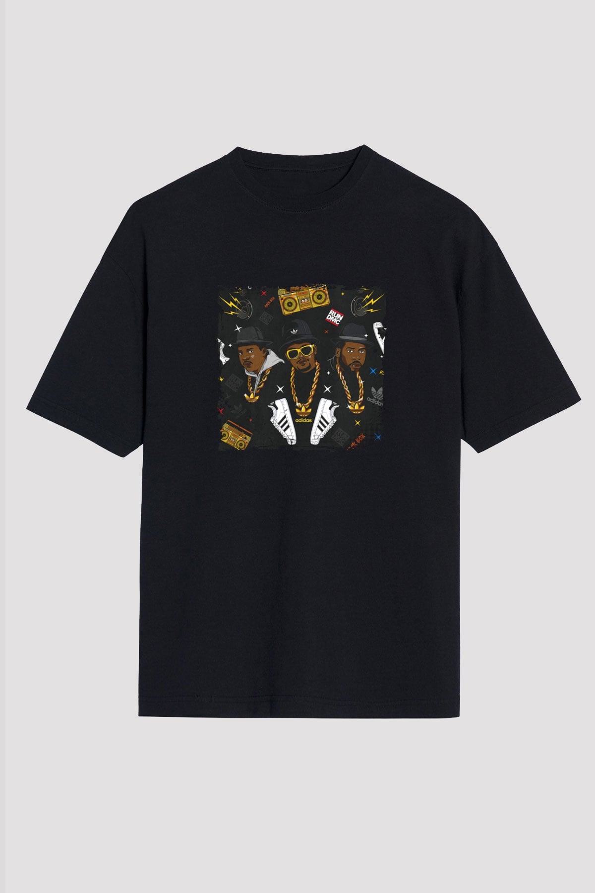 Run DMC Baskılı Unisex Oversize Siyah Tişört