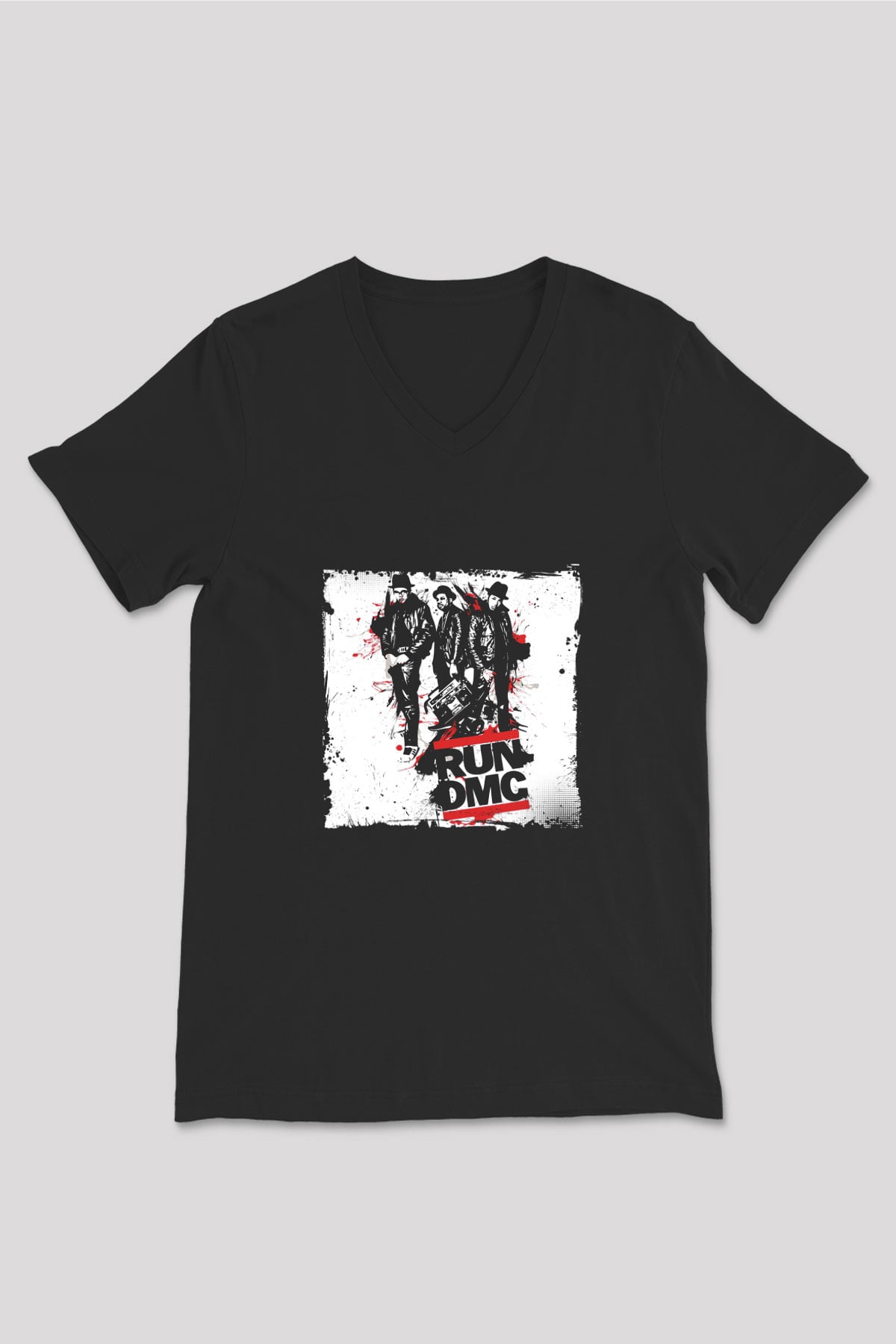 Run DMC Baskılı Unisex Siyah V Yaka Tişört