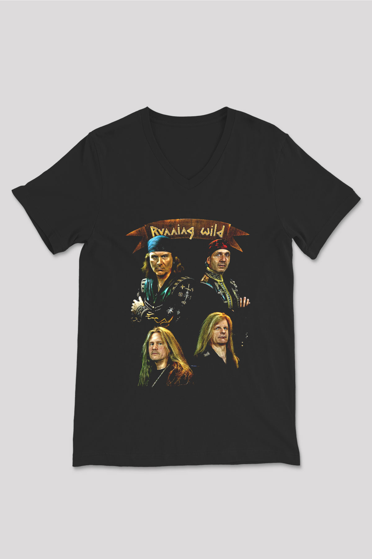 Running Wild Baskılı Unisex Siyah V Yaka Tişört - Tshirt