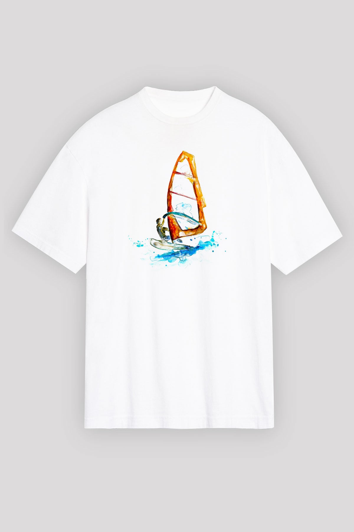 Rüzgar Sörfü Baskılı Unisex Beyaz Oversize Tişört - Tshirt
