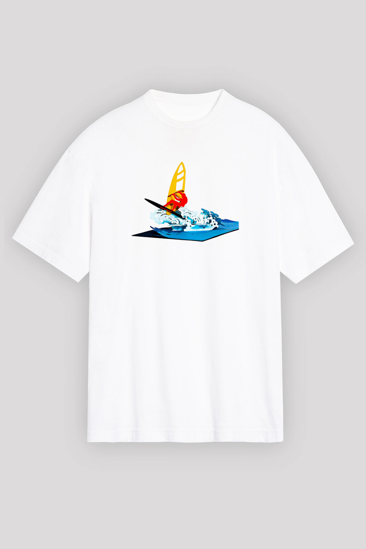 Rüzgar Sörfü Baskılı Unisex Beyaz Oversize Tişört - Tshirt