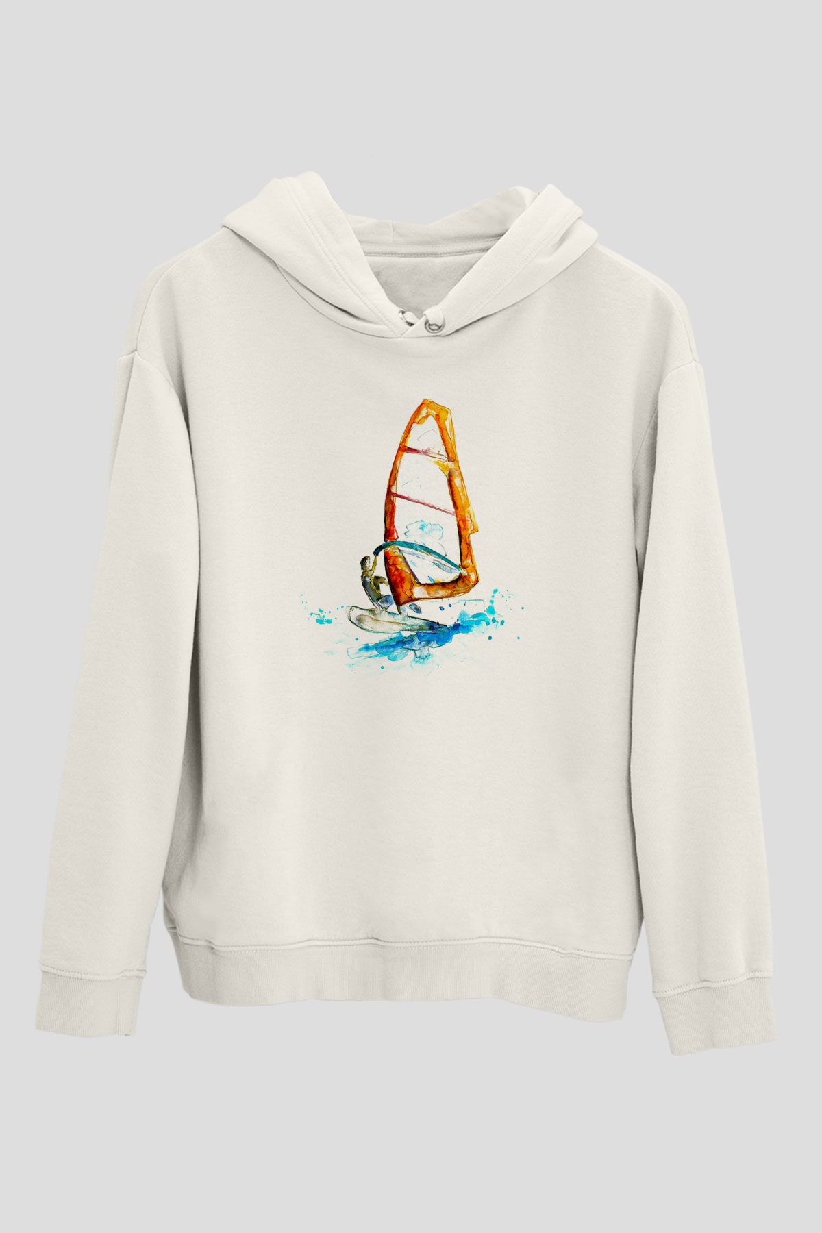 Rüzgar Sörfü Baskılı Unisex Ekru Hoodie