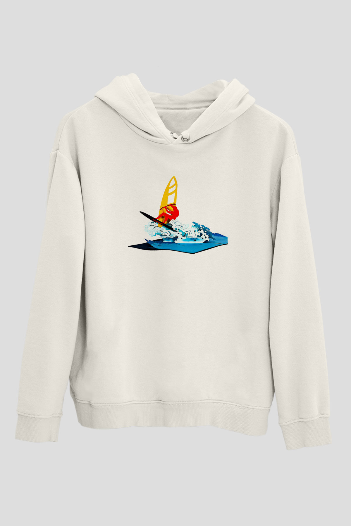 Rüzgar Sörfü Baskılı Unisex Ekru Hoodie