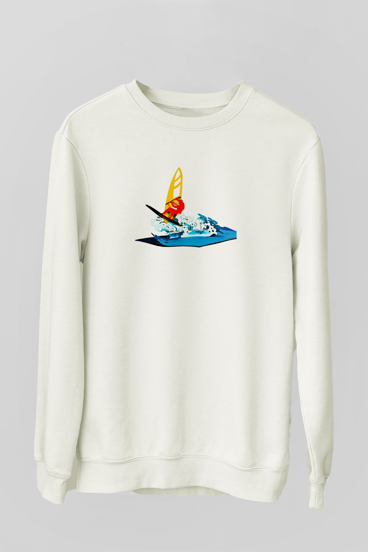 Rüzgar Sörfü Baskılı Unisex Ekru Sweatshirt