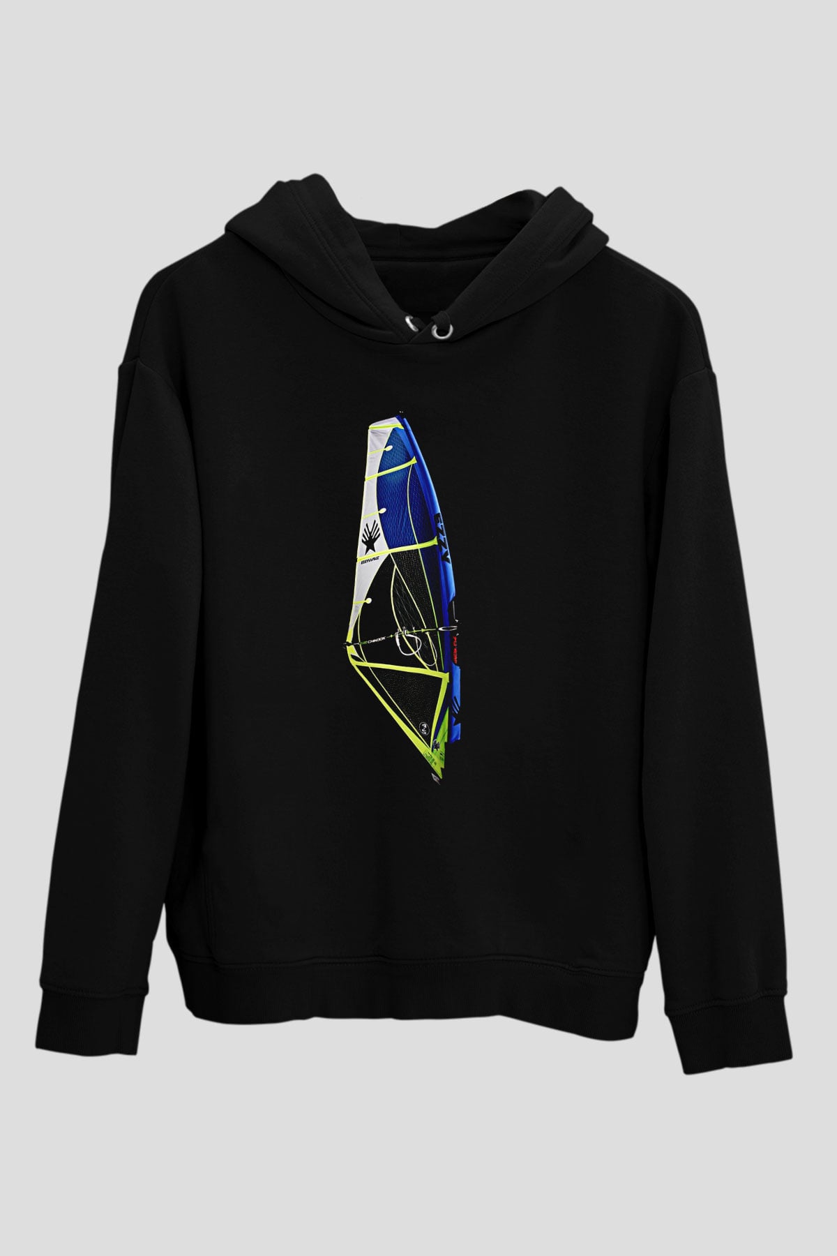 Rüzgar Sörfü - Windsurf Baskılı Unisex Siyah Kapüşonlu Sweatshirt